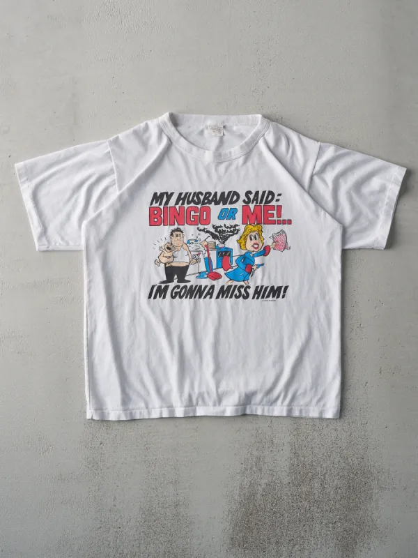 Vintage 80s White "Bingo or Me" Tee (M) sold by Rebalance Vintage