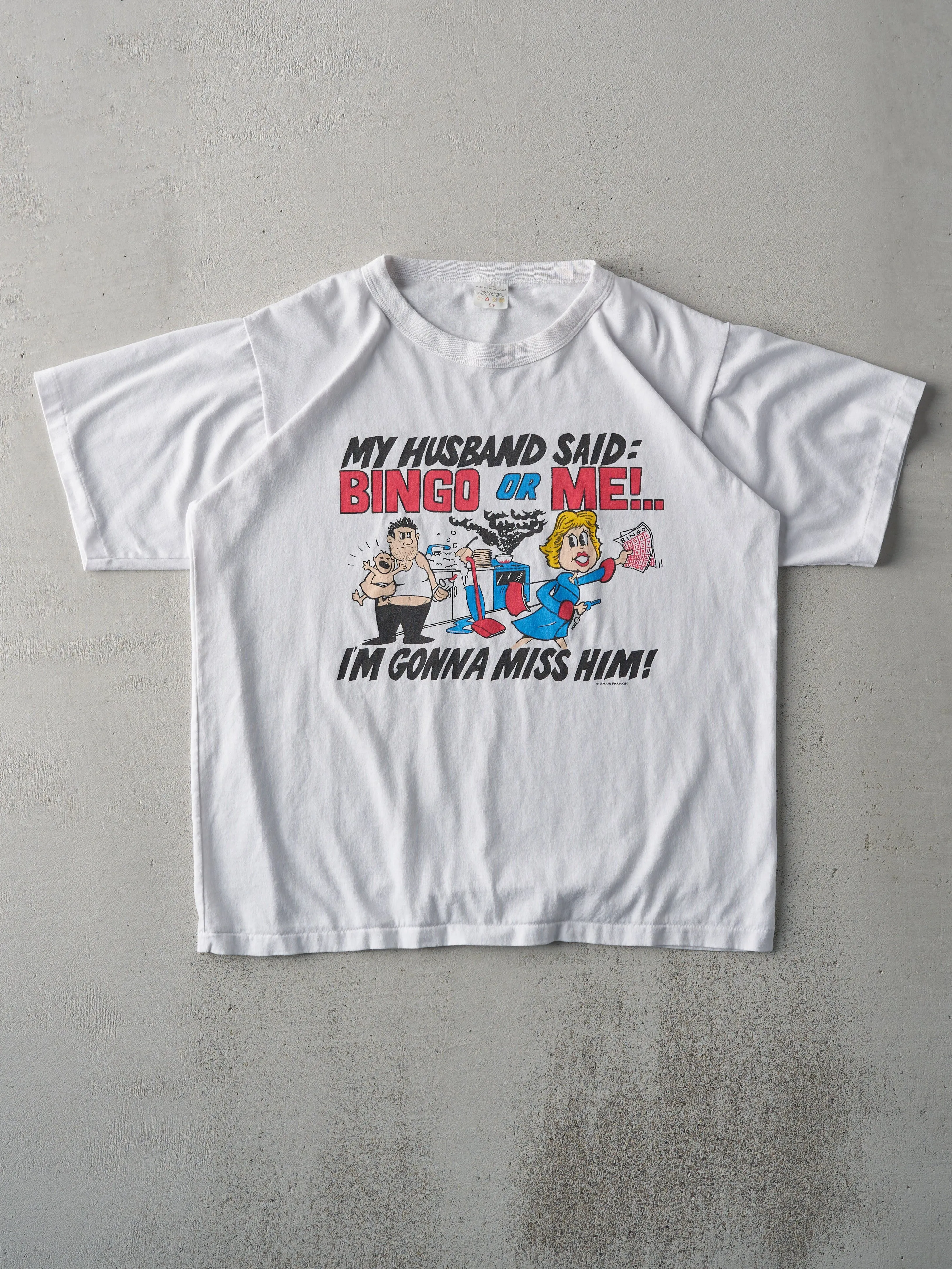 Vintage 80s White "Bingo or Me" Tee (M) sold by Rebalance Vintage
