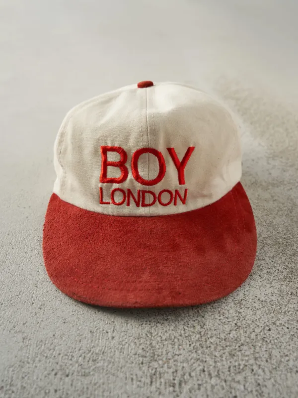 Vintage 90s Beige & Red Boy London Two Tone Embroidered Leather Strap Back sold by Rebalance Vintage