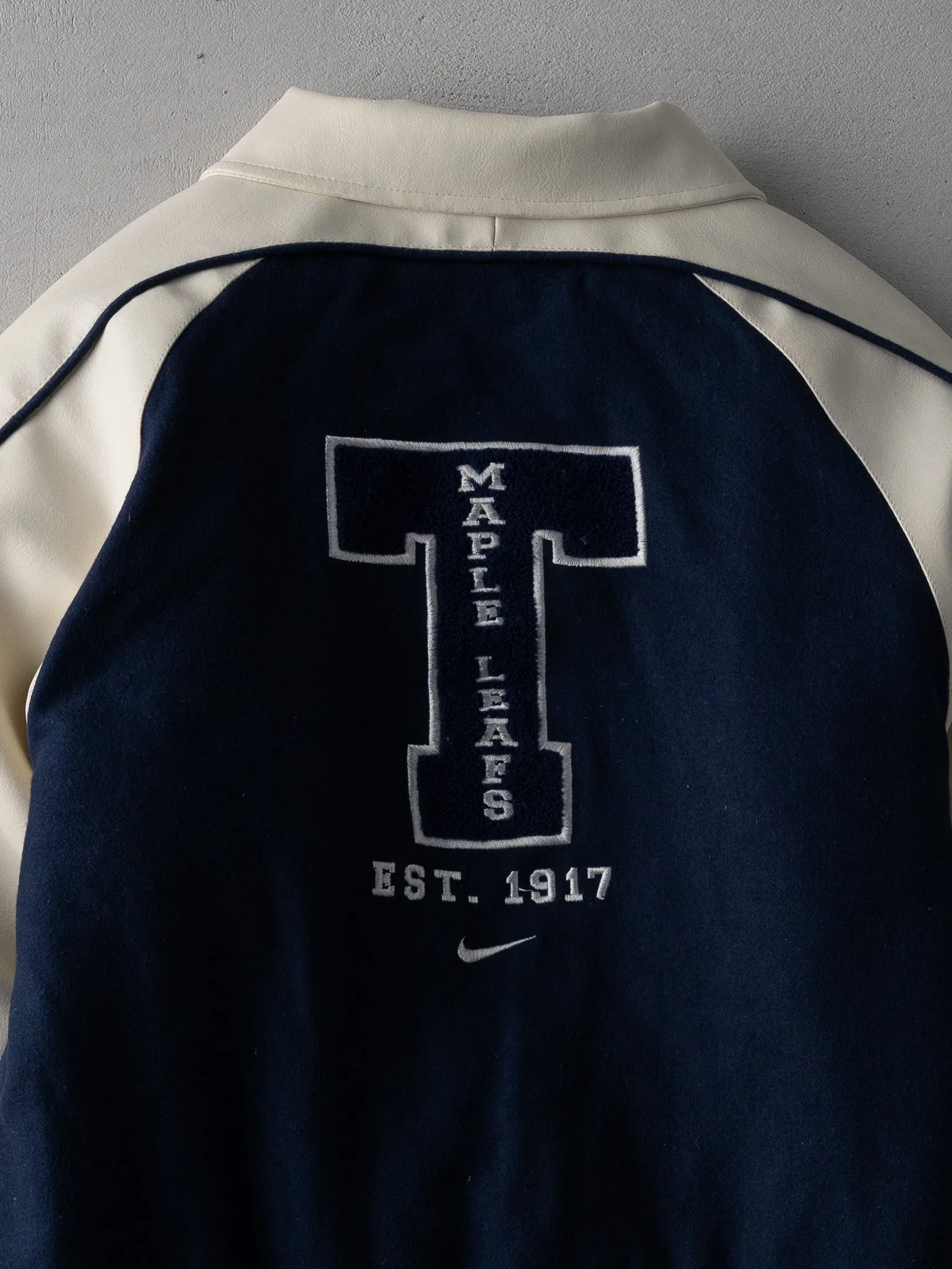 Vintage Y2K Blue + Cream Toronto Maple Leafs x Nike Leather Varsity Jacket (S) sold by Rebalance Vintage product image thumbnail 4