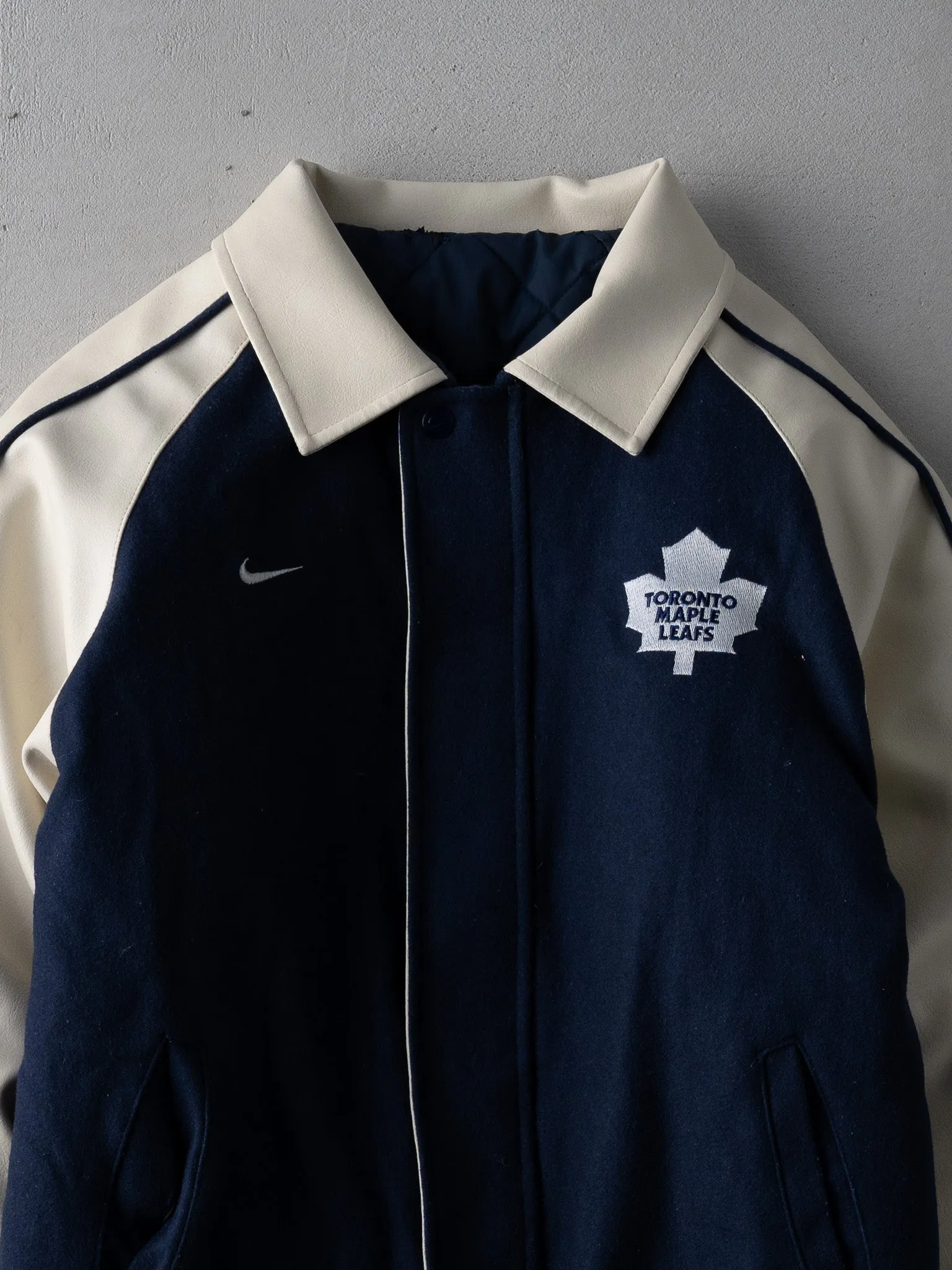 Vintage Y2K Blue + Cream Toronto Maple Leafs x Nike Leather Varsity Jacket (S) sold by Rebalance Vintage product image thumbnail 2