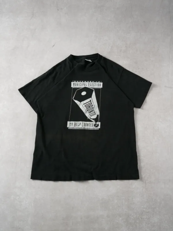 Vintage 90s Black Toronto Election Single Stitch Tee (M) sold by Rebalance Vintage