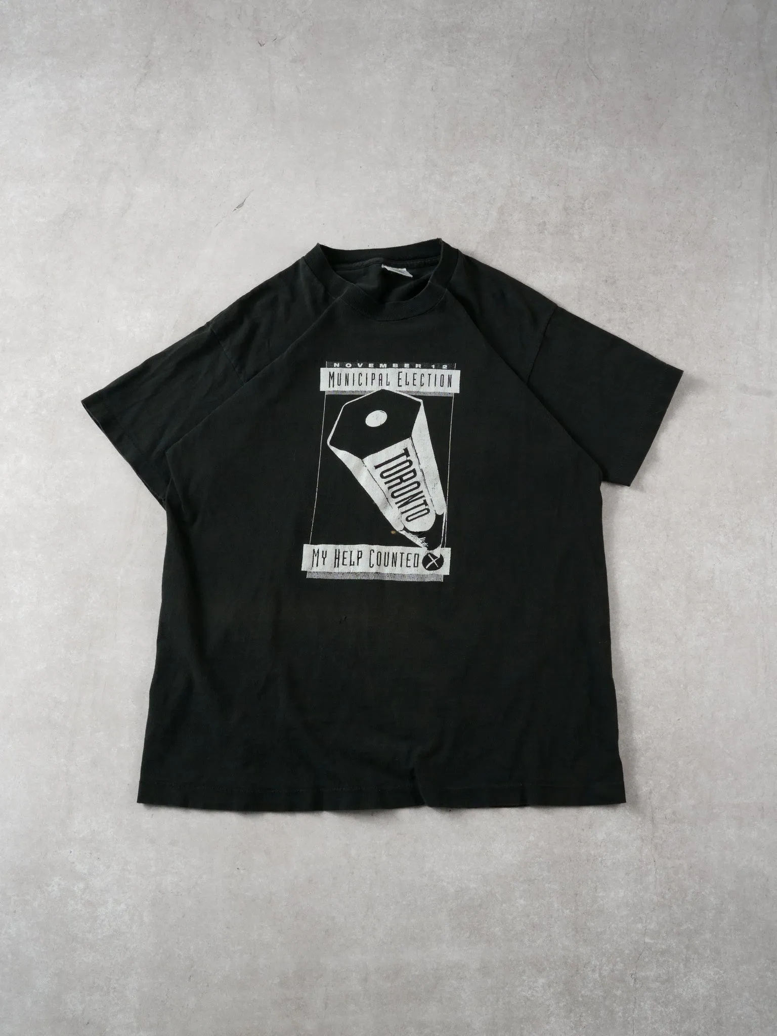 Vintage 90s Black Toronto Election Single Stitch Tee (M) sold by Rebalance Vintage