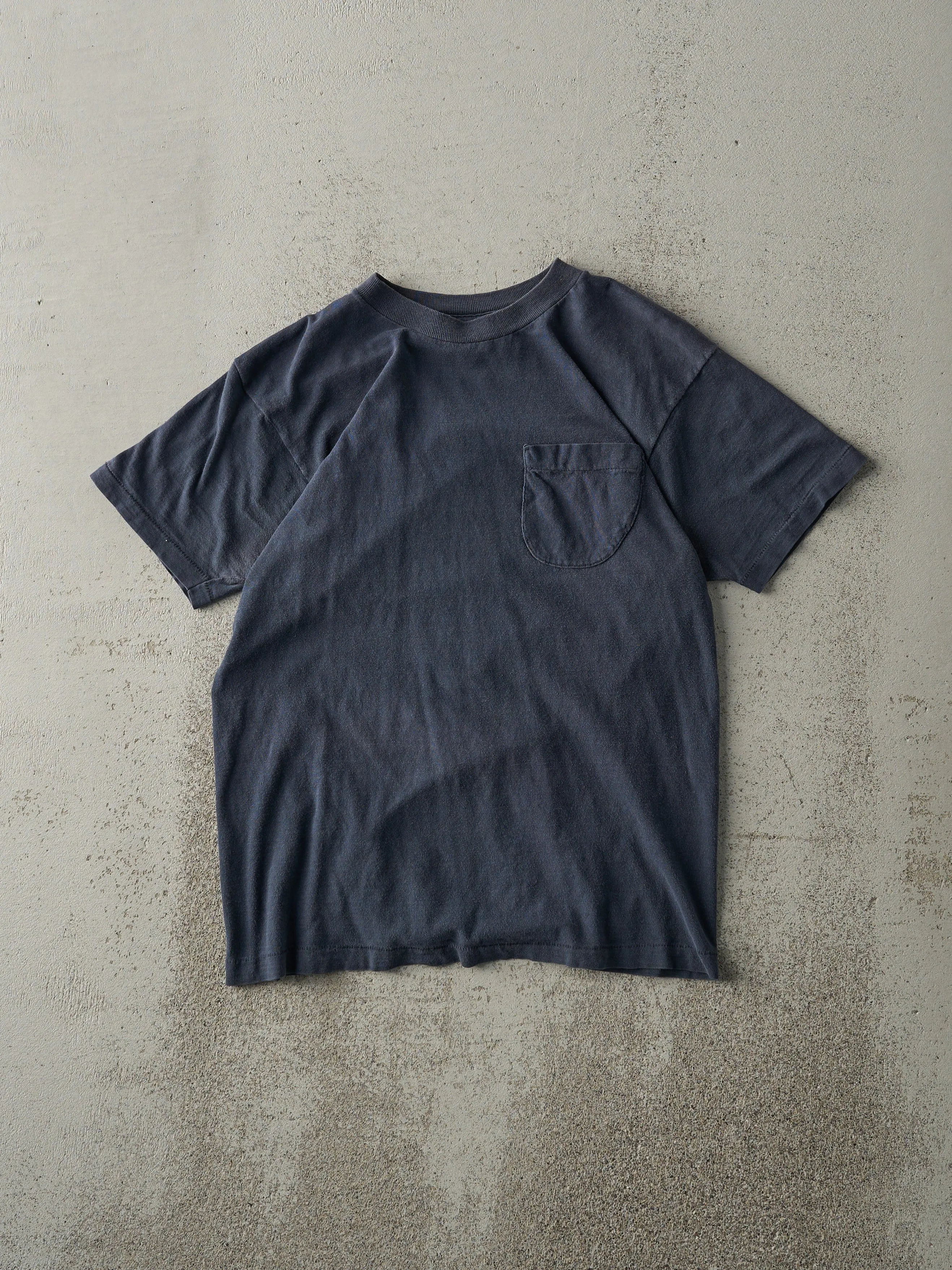 Vintage 80s Navy Blue Blank Single Stitch Pocket Tee (XS) sold by Rebalance Vintage