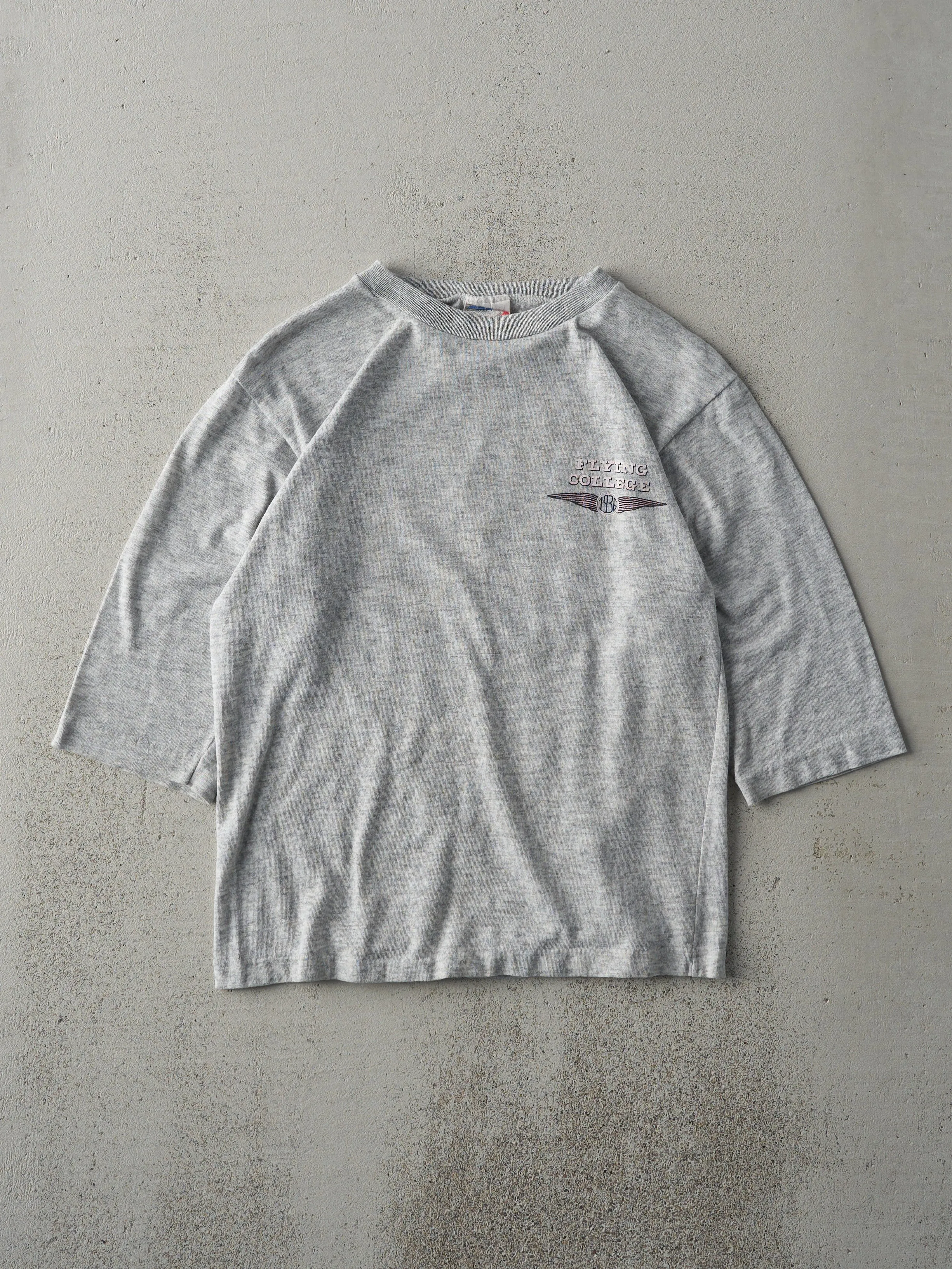 Vintage 80s Grey 3/4 Sleeve Flying College Single Stitch Tee (XS) sold by Rebalance Vintage product image thumbnail 2