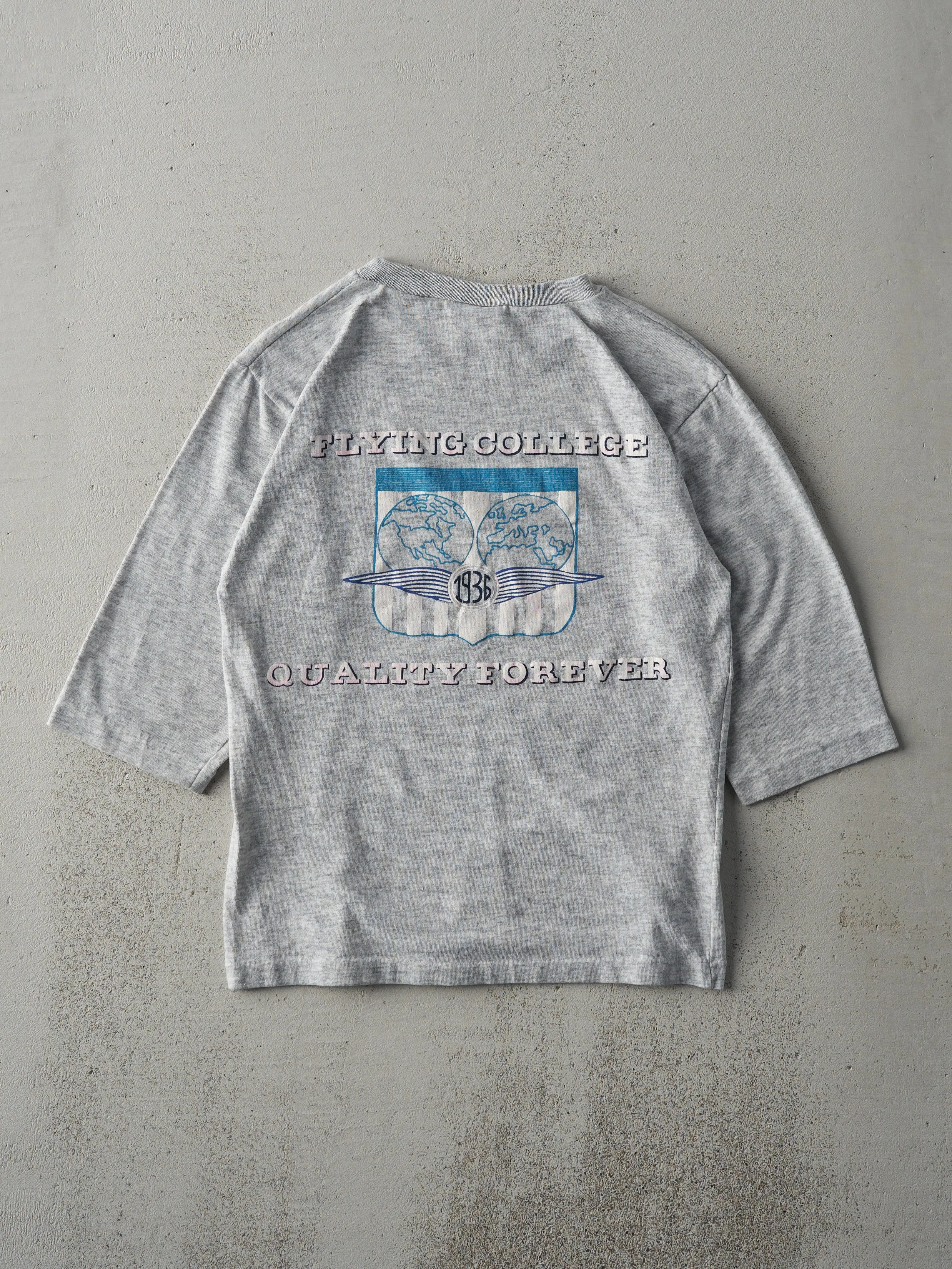 Vintage 80s Grey 3/4 Sleeve Flying College Single Stitch Tee (XS) sold by Rebalance Vintage