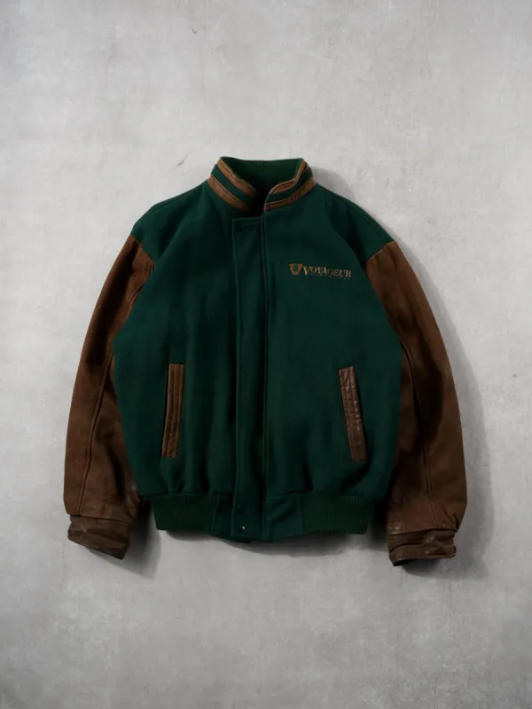 Vintage 90s Green + Brown Voyageur Leather Varsity Jacket (L) sold by Rebalance Vintage