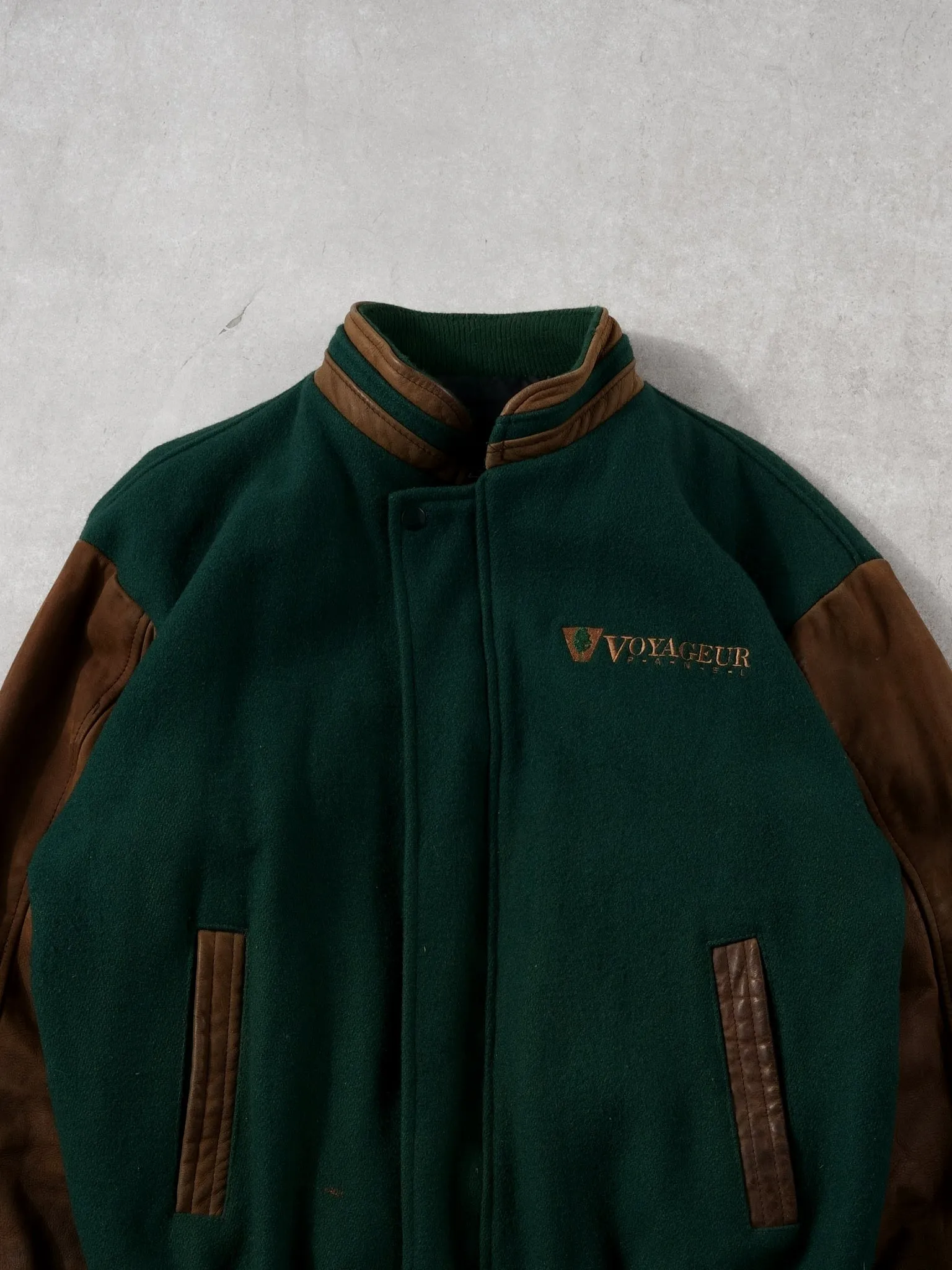 Vintage 90s Green + Brown Voyageur Leather Varsity Jacket (L) sold by Rebalance Vintage product image thumbnail 2