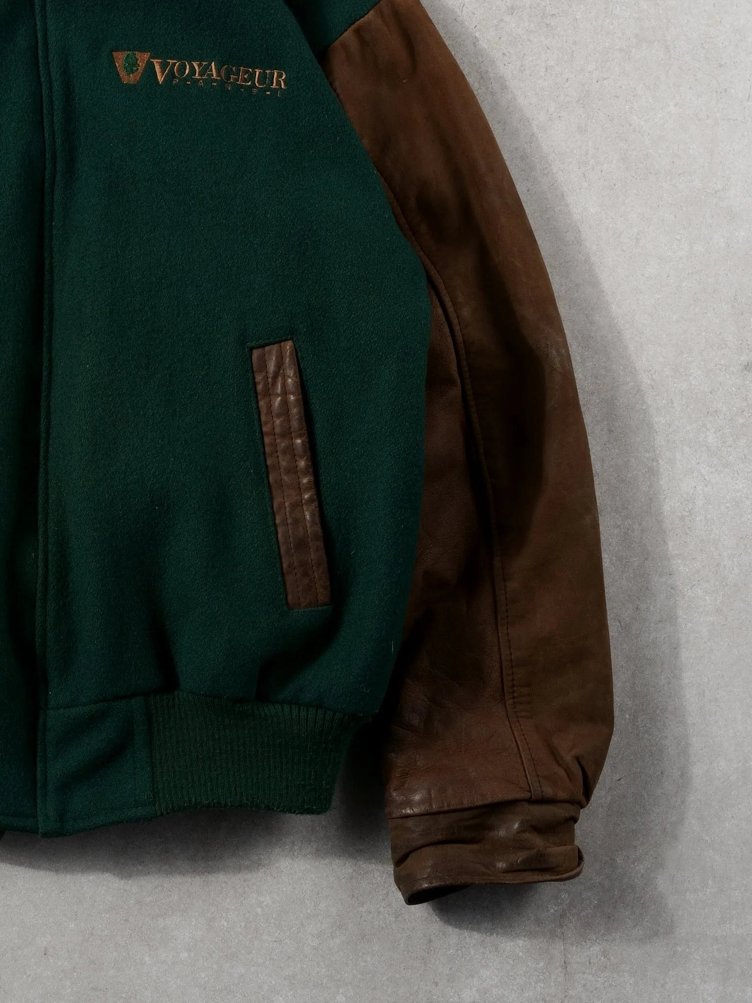 Vintage 90s Green + Brown Voyageur Leather Varsity Jacket (L) sold by Rebalance Vintage product image thumbnail 3
