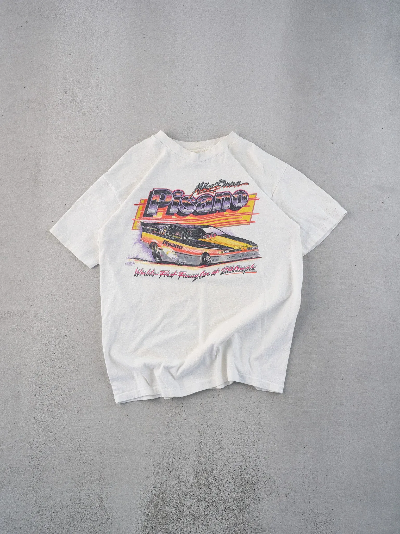 Vintage 89' White Single Stitched Mike Dann Pisano Racing Graphic Tee (M) sold by Rebalance Vintage