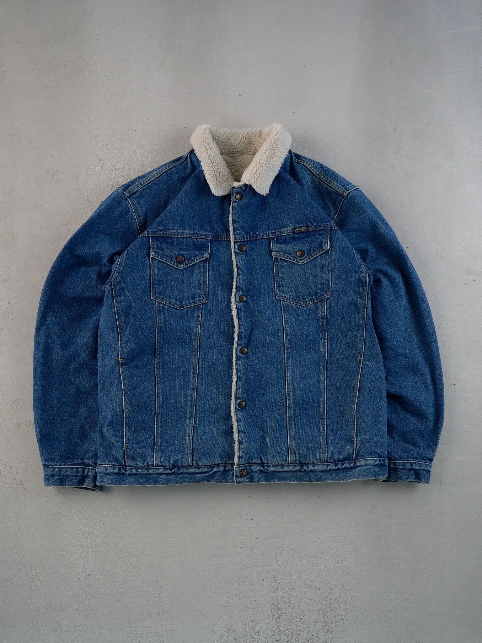 Vintage 90s Blue Wrangler Denim Sherpa Jacket (L) sold by Rebalance Vintage