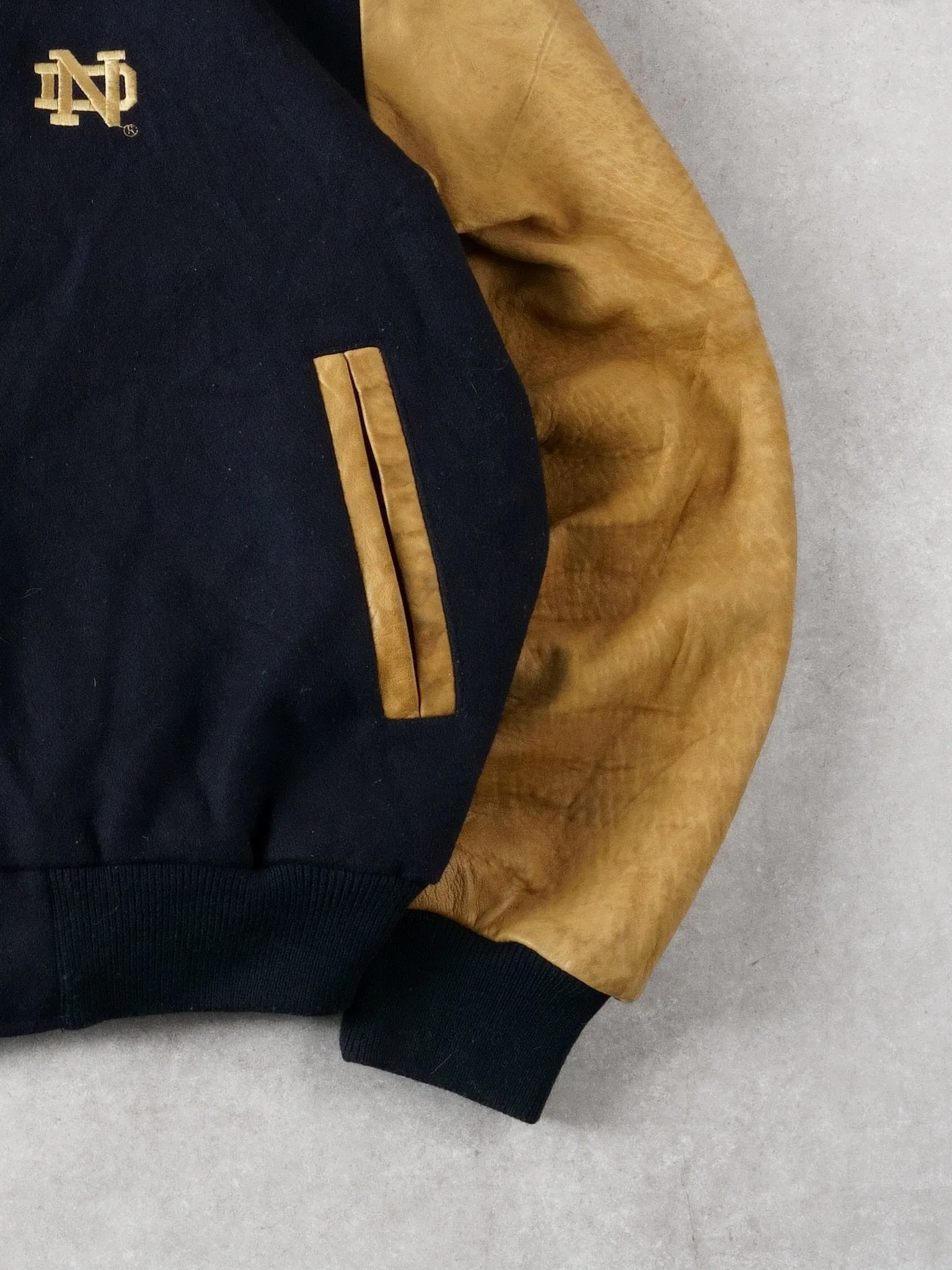 Vintage 90s Navy Blue Notre Dame Collared Varsity Jacket (L/XL) sold by Rebalance Vintage product image thumbnail 3