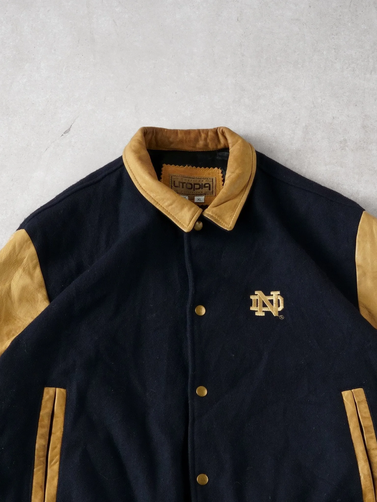 Vintage 90s Navy Blue Notre Dame Collared Varsity Jacket (L/XL) sold by Rebalance Vintage product image thumbnail 2