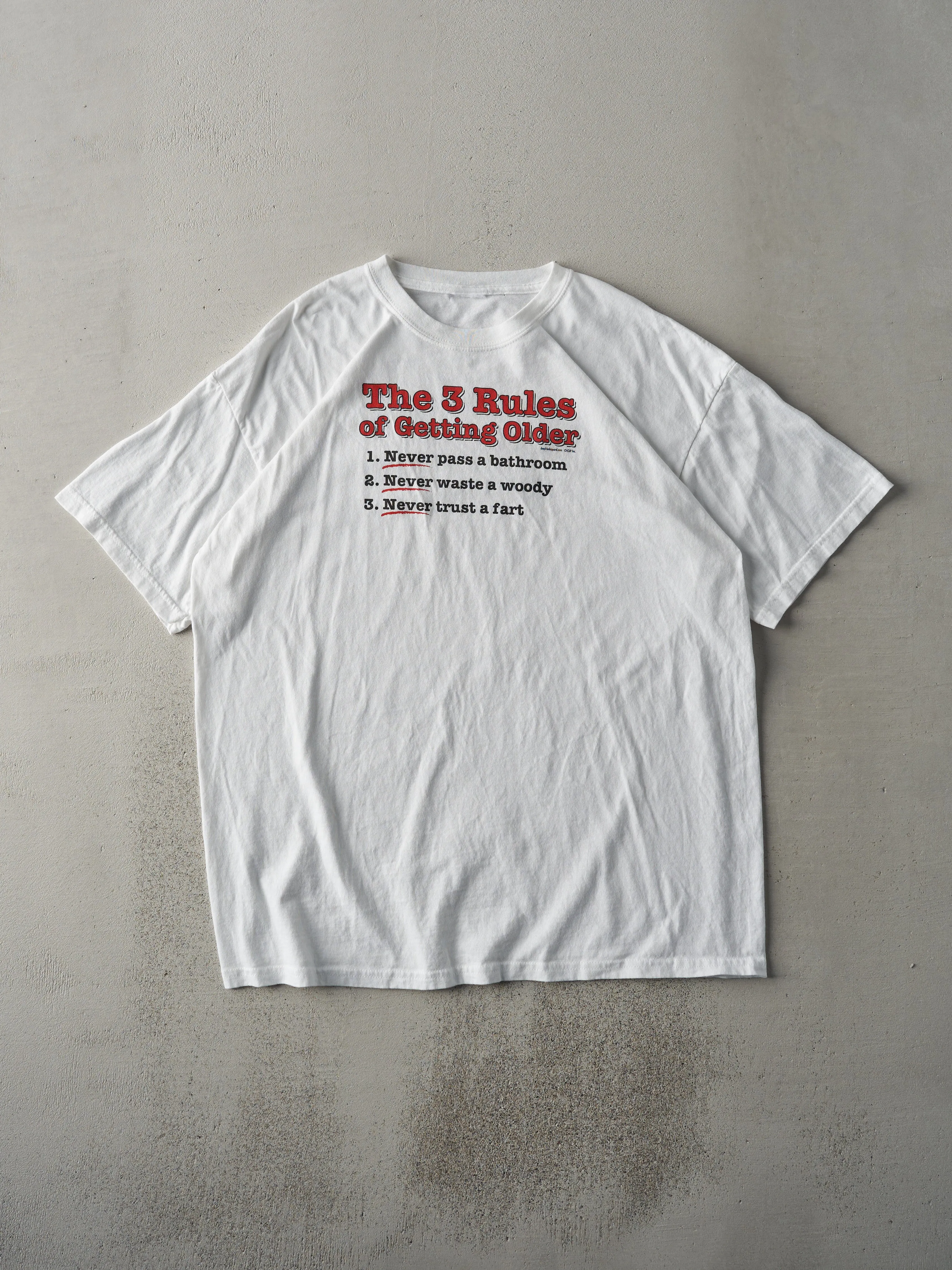 Vintage Y2K White "Rules Of Getting Older" Tee (L) sold by Rebalance Vintage