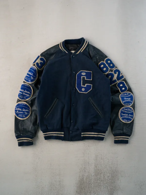 Vintage 93' Navy Chain-stitched Sports Varsity Jacket (M) sold by Rebalance Vintage