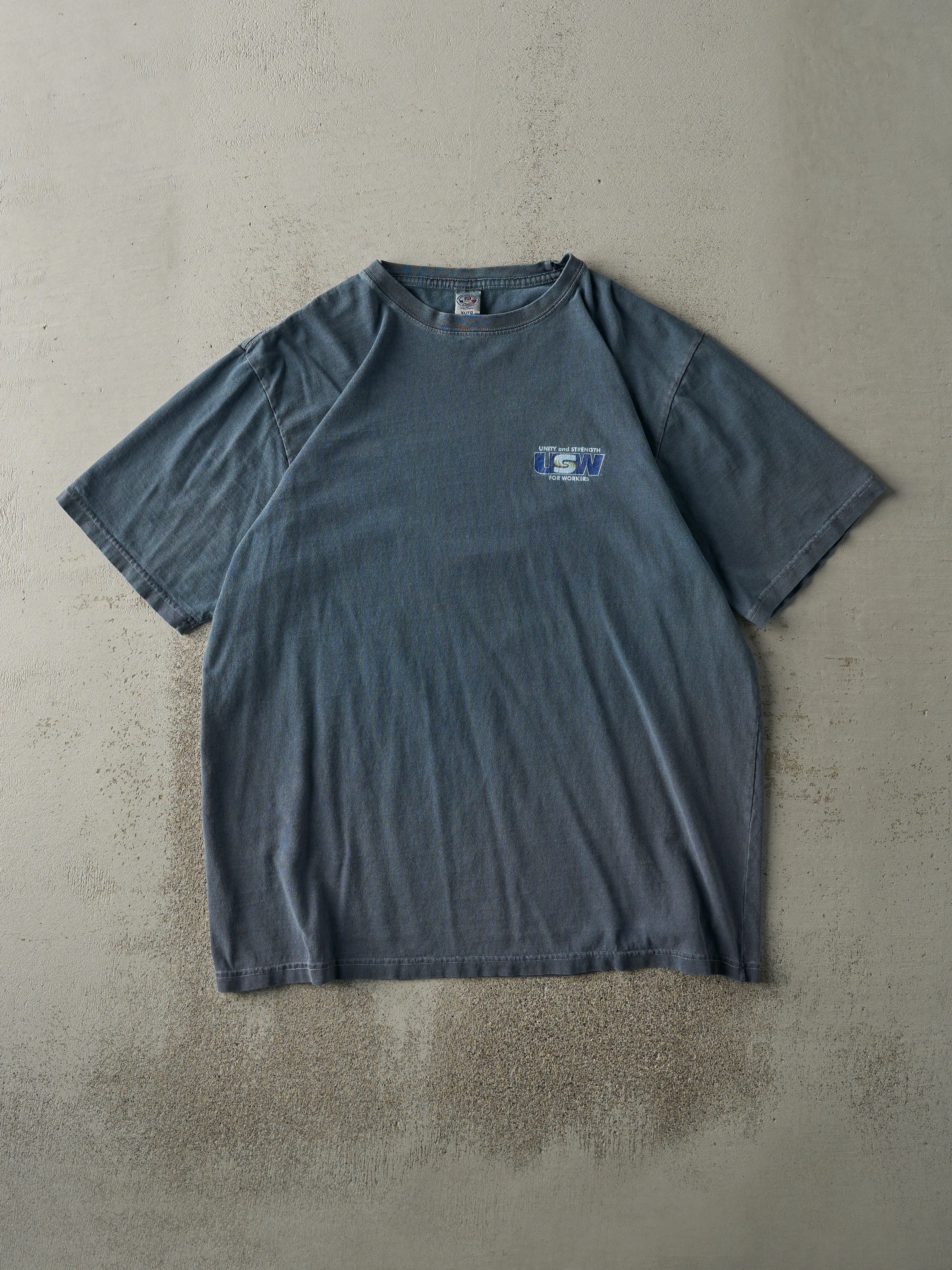 Vintage 90s Washed Slate Blue USW Union Tee (L) sold by Rebalance Vintage