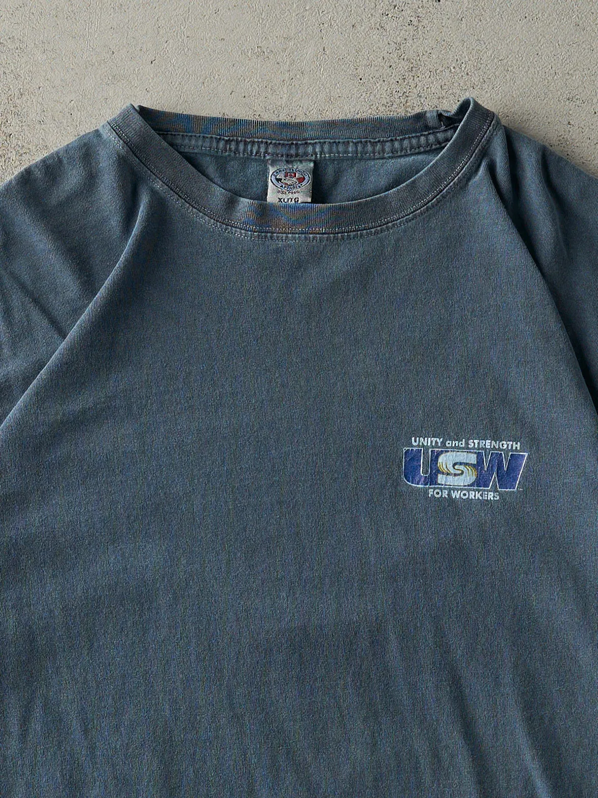 Vintage 90s Washed Slate Blue USW Union Tee (L) sold by Rebalance Vintage product image thumbnail 2