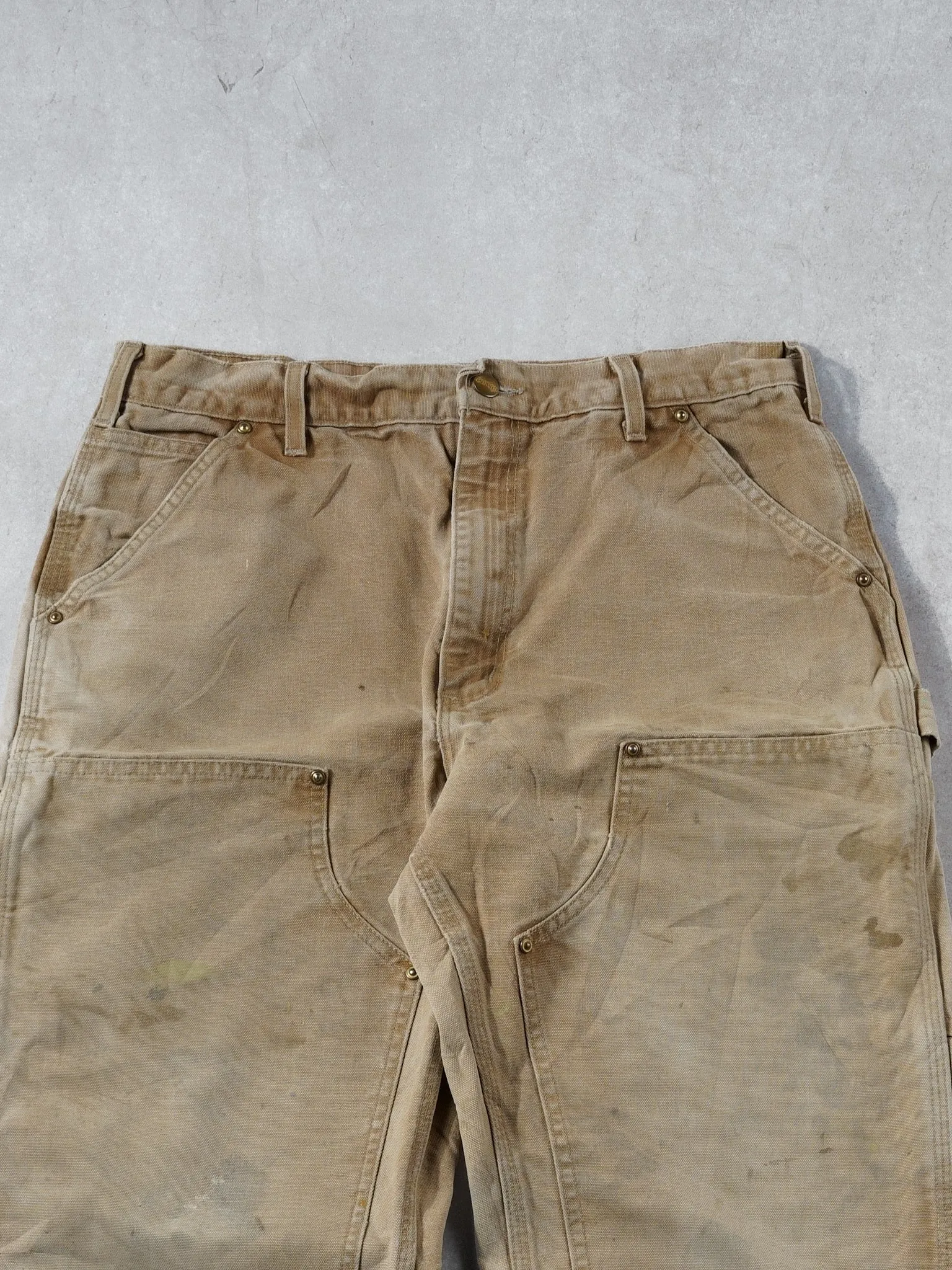 Vintage 90s Khaki Carhartt Dungeree Fit Distressed Double Knee Carpenter Pants (32x34) sold by Rebalance Vintage product image thumbnail 3