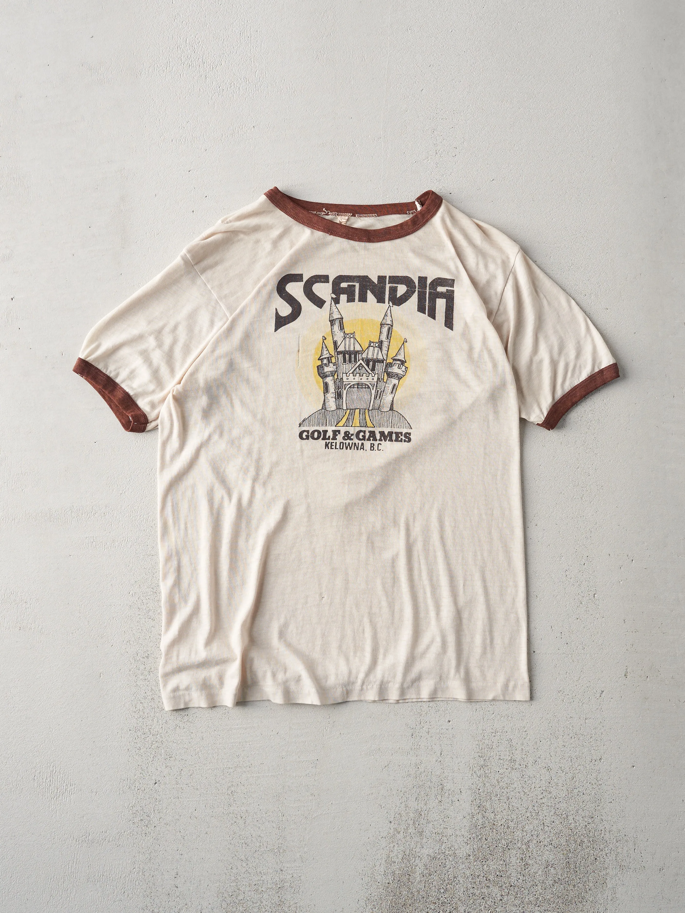 Vintage 70s Beige "Scandia Golf & Games" Ringer Tee (S) sold by Rebalance Vintage