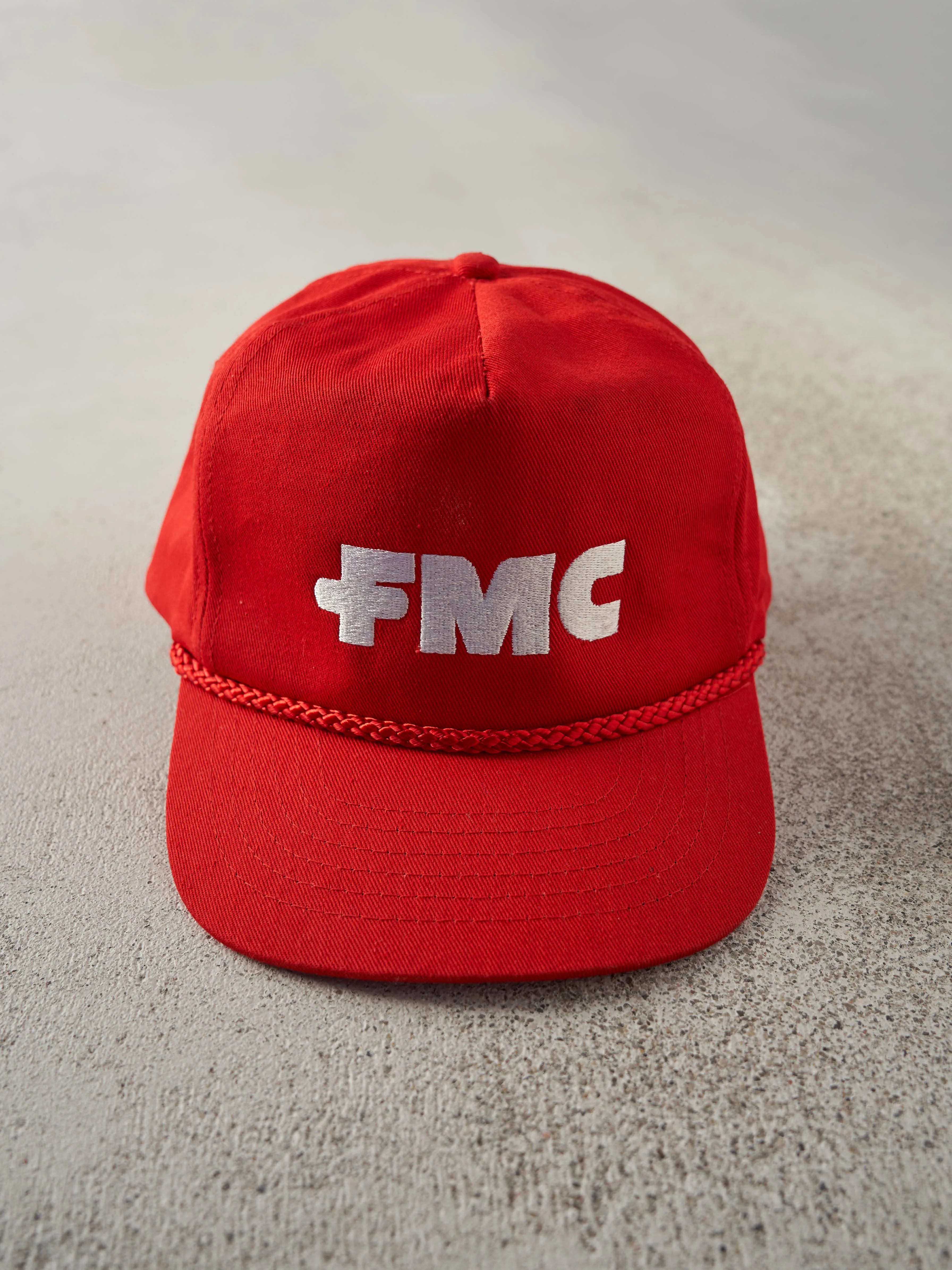 Vintage 80s Red Embroidered FMC Double Snap Snapback Hat sold by Rebalance Vintage