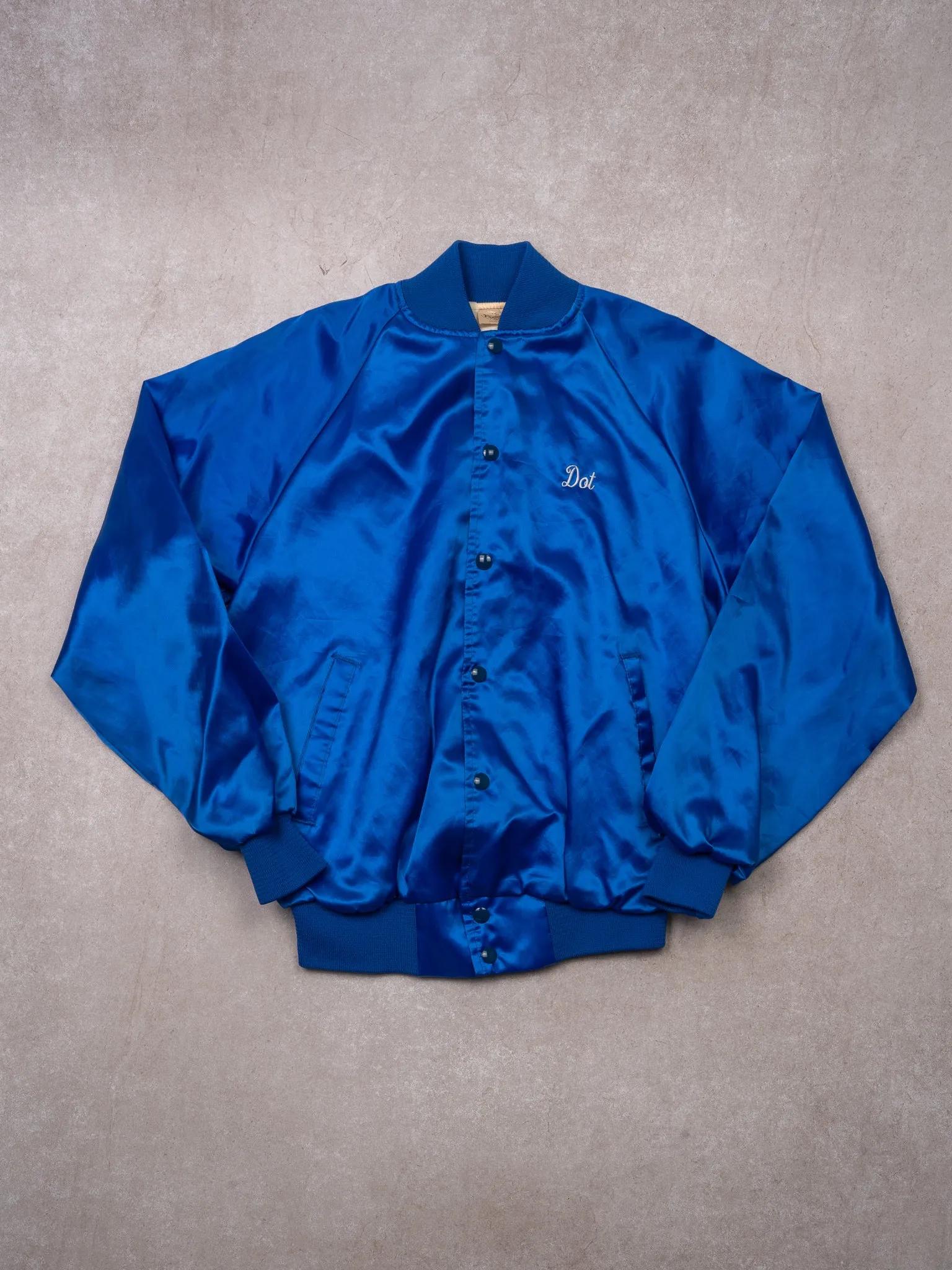 Vintage 70s Blue K Mart New Smyrna Beach FL Satin Bomber (M) sold by Rebalance Vintage