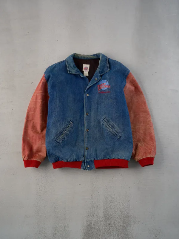 Vintage 90s Blue and Red Planet Hollywood Collared Denim Varsity Jacket (XL) sold by Rebalance Vintage