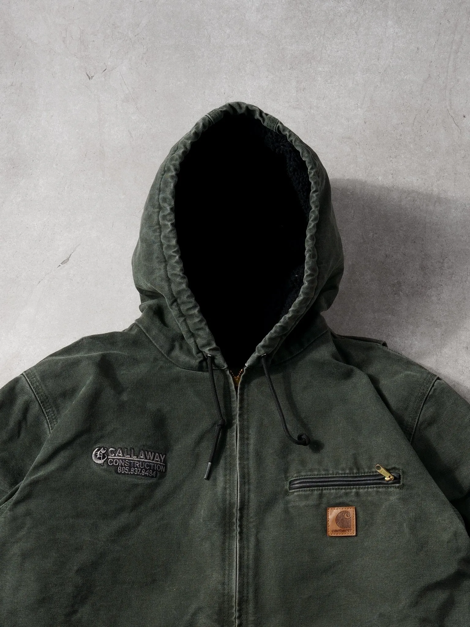 Vintage Washed Dark Green Carhartt "Callaway" Hooded Lined Workwear Jacket (L) sold by Rebalance Vintage product image thumbnail 2