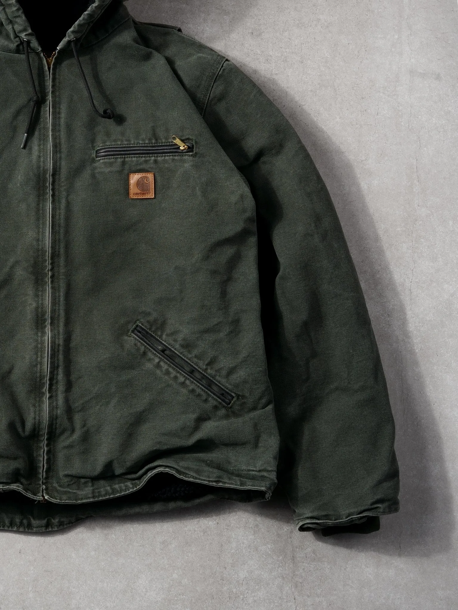 Vintage Washed Dark Green Carhartt "Callaway" Hooded Lined Workwear Jacket (L) sold by Rebalance Vintage product image thumbnail 3