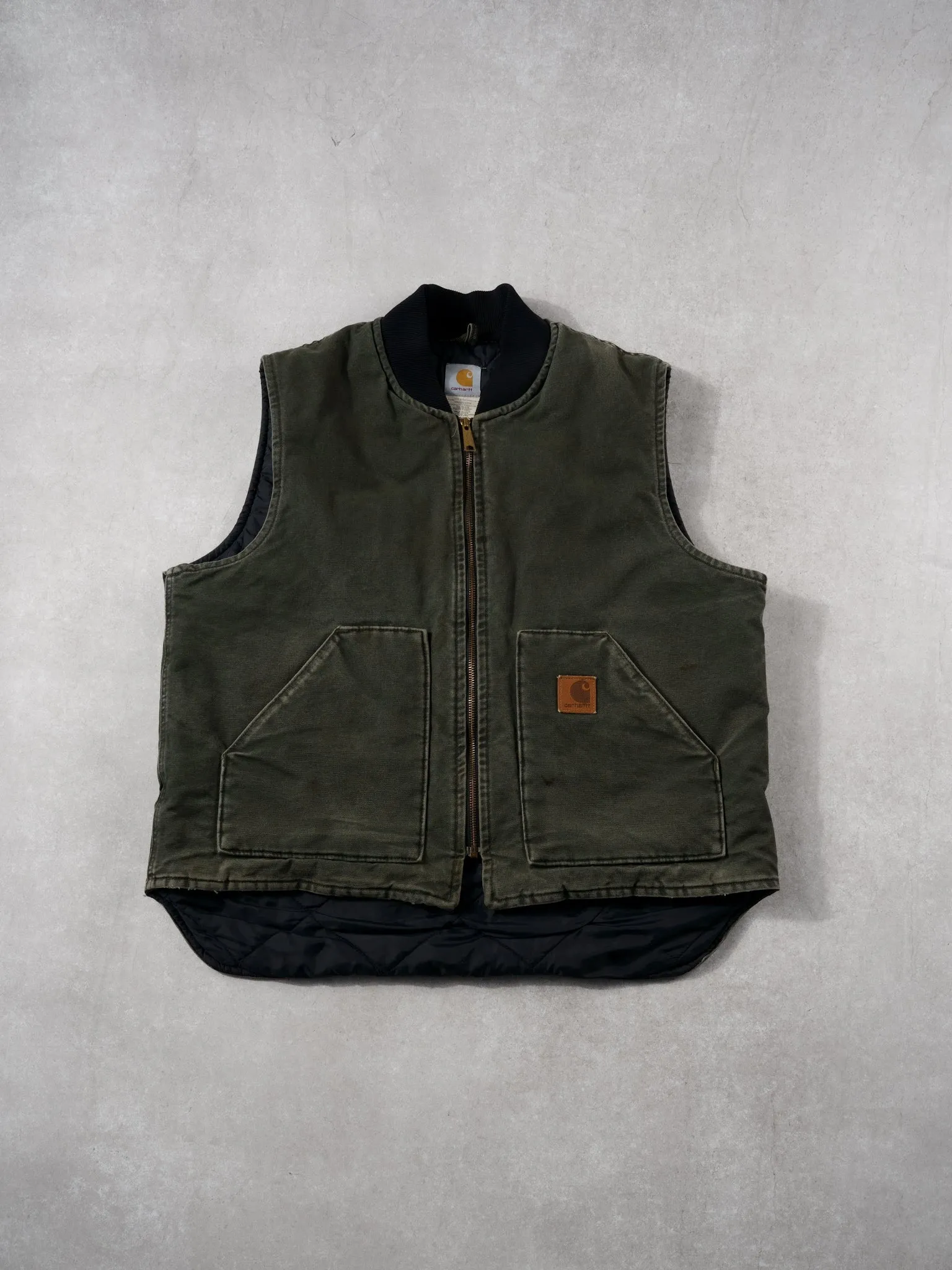 Vintage 90s Moss Green Carhartt Blanket Lined Workwear Vest (L) sold by Rebalance Vintage