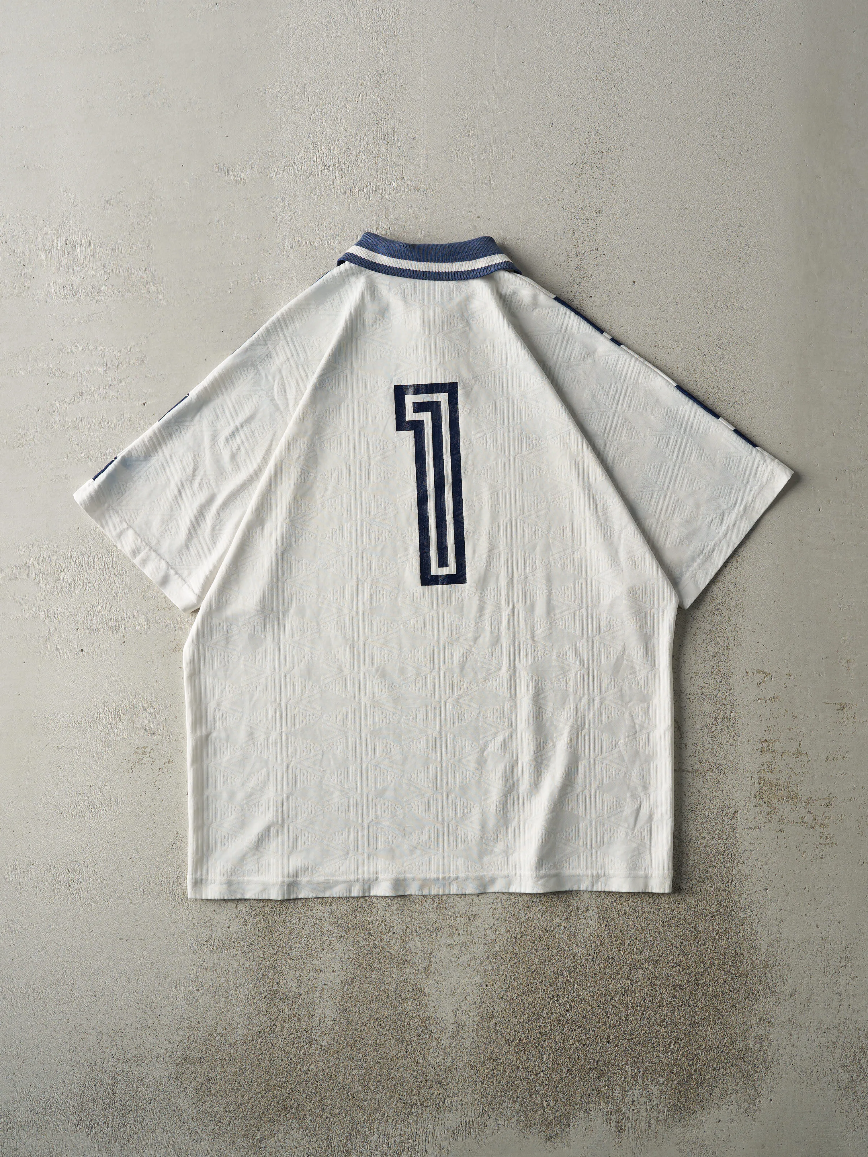 Vintage 90s White & Navy Blue Umbro Soccer Jersey (L) sold by Rebalance Vintage product image thumbnail 2