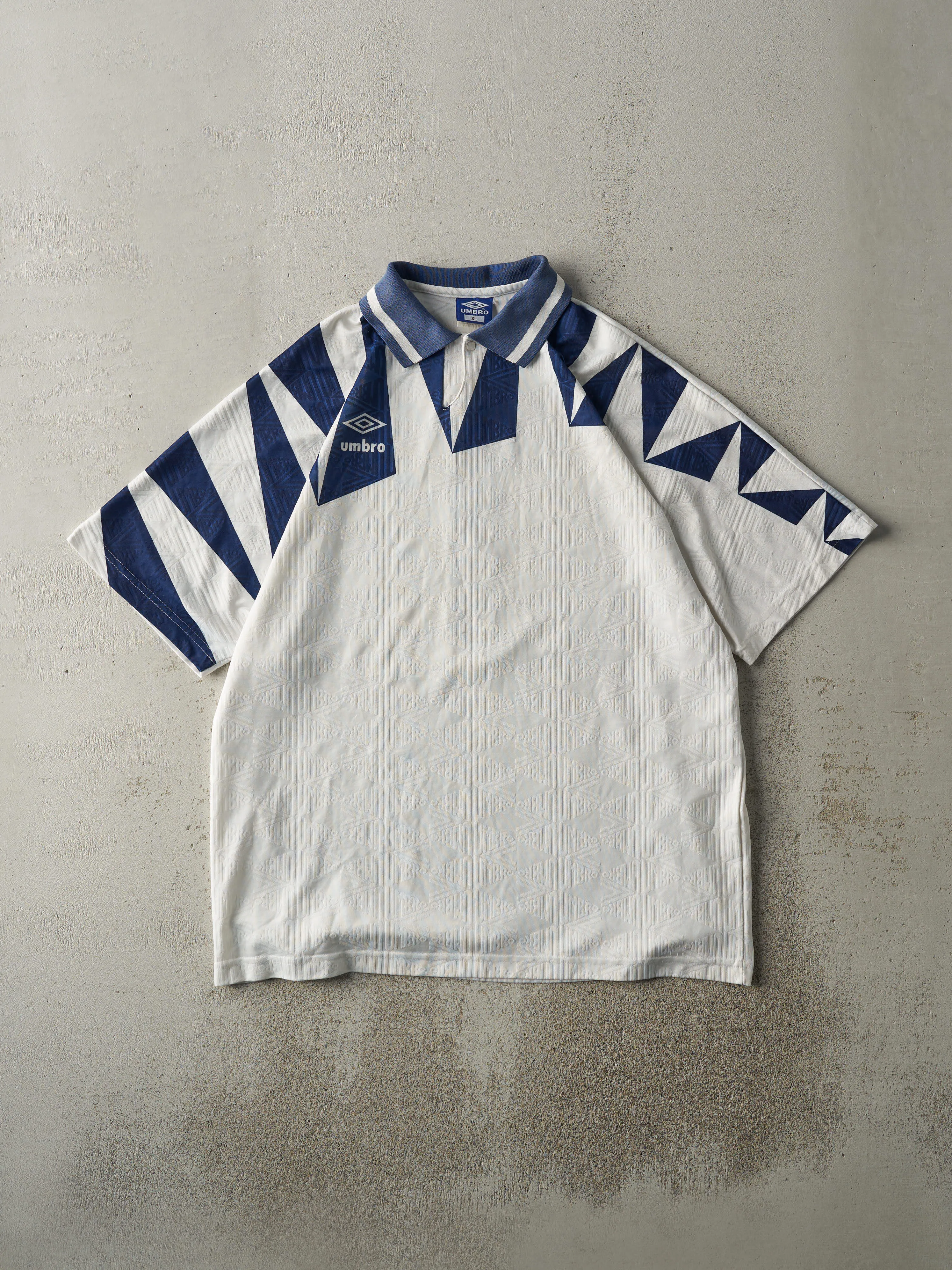 Vintage 90s White & Navy Blue Umbro Soccer Jersey (L) sold by Rebalance Vintage