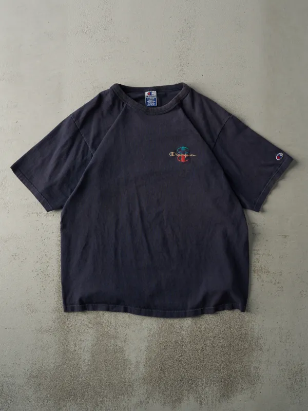 Vintage 90s Navy Blue Embroidered Champion Tee (L) sold by Rebalance Vintage