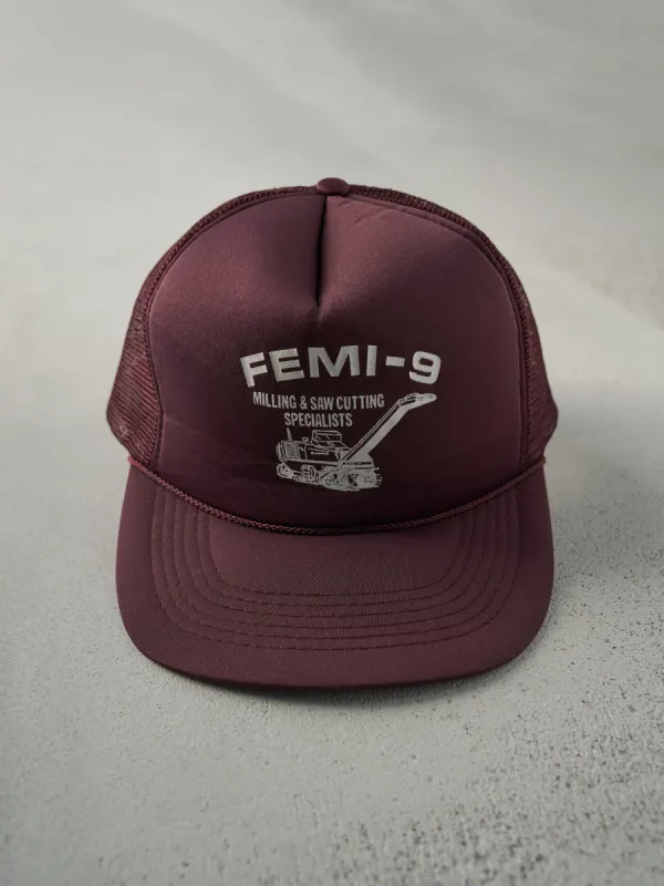 Vintage 90s Burgundy Femi-9 Foam Trucker Hat sold by Rebalance Vintage