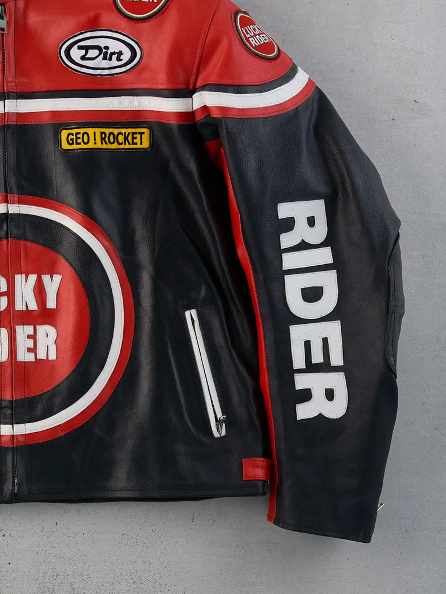 Vintage 90s Rare Red, Black and White Lucky Rider Biker Leather Jacket (L) sold by Rebalance Vintage product image thumbnail 5