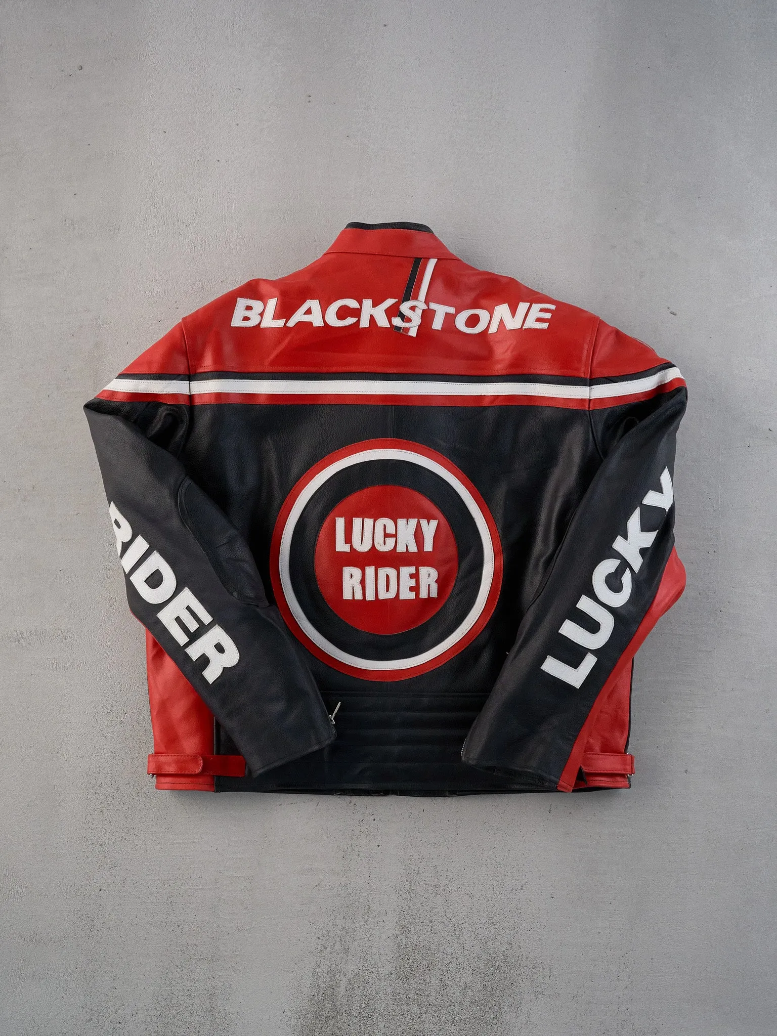 Vintage 90s Rare Red, Black and White Lucky Rider Biker Leather Jacket (L) sold by Rebalance Vintage product image thumbnail 2