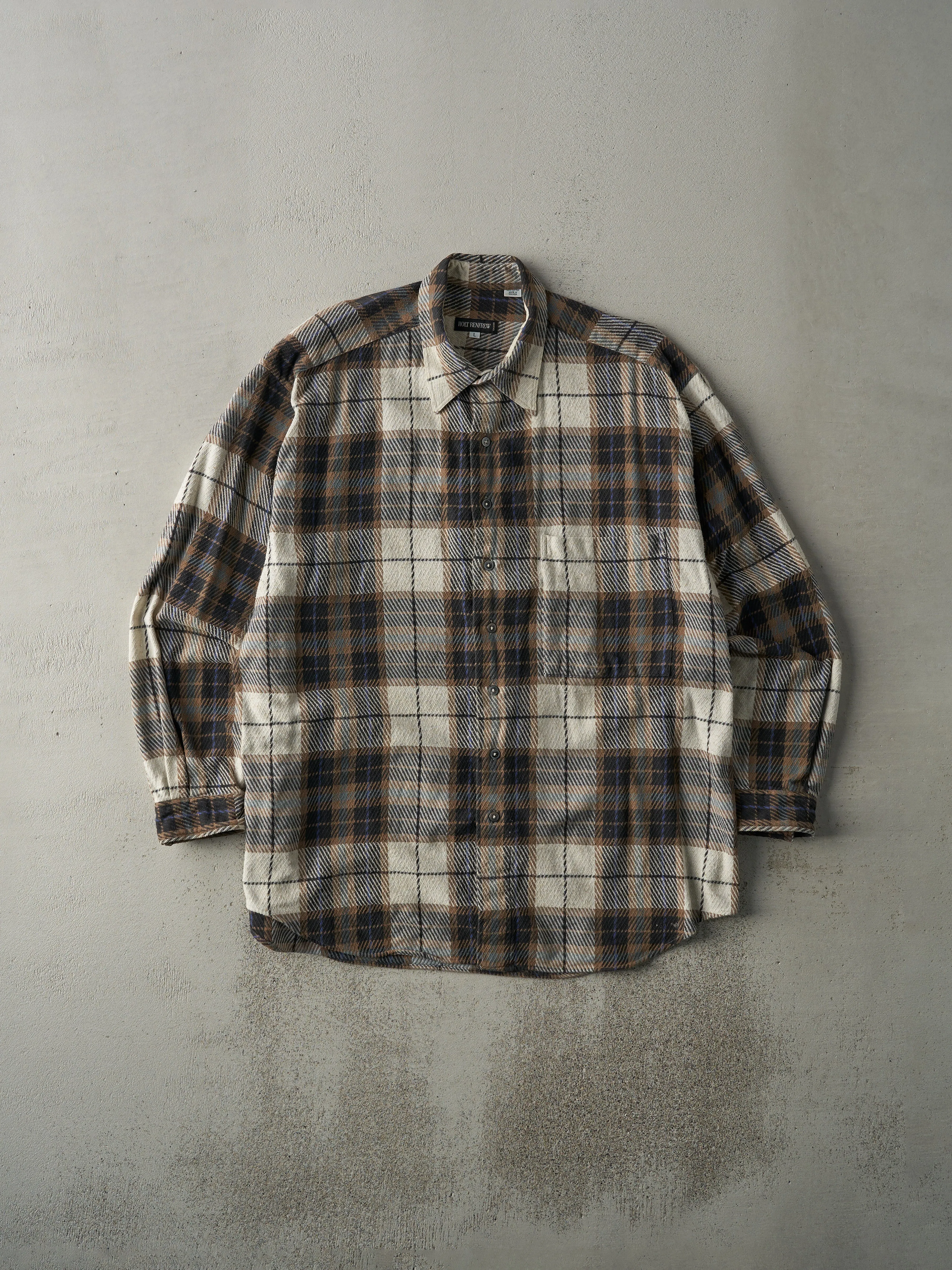 Vintage 90s Beige, Brown & Blue Holt Renfrew Flannel Button Up (L) sold by Rebalance Vintage