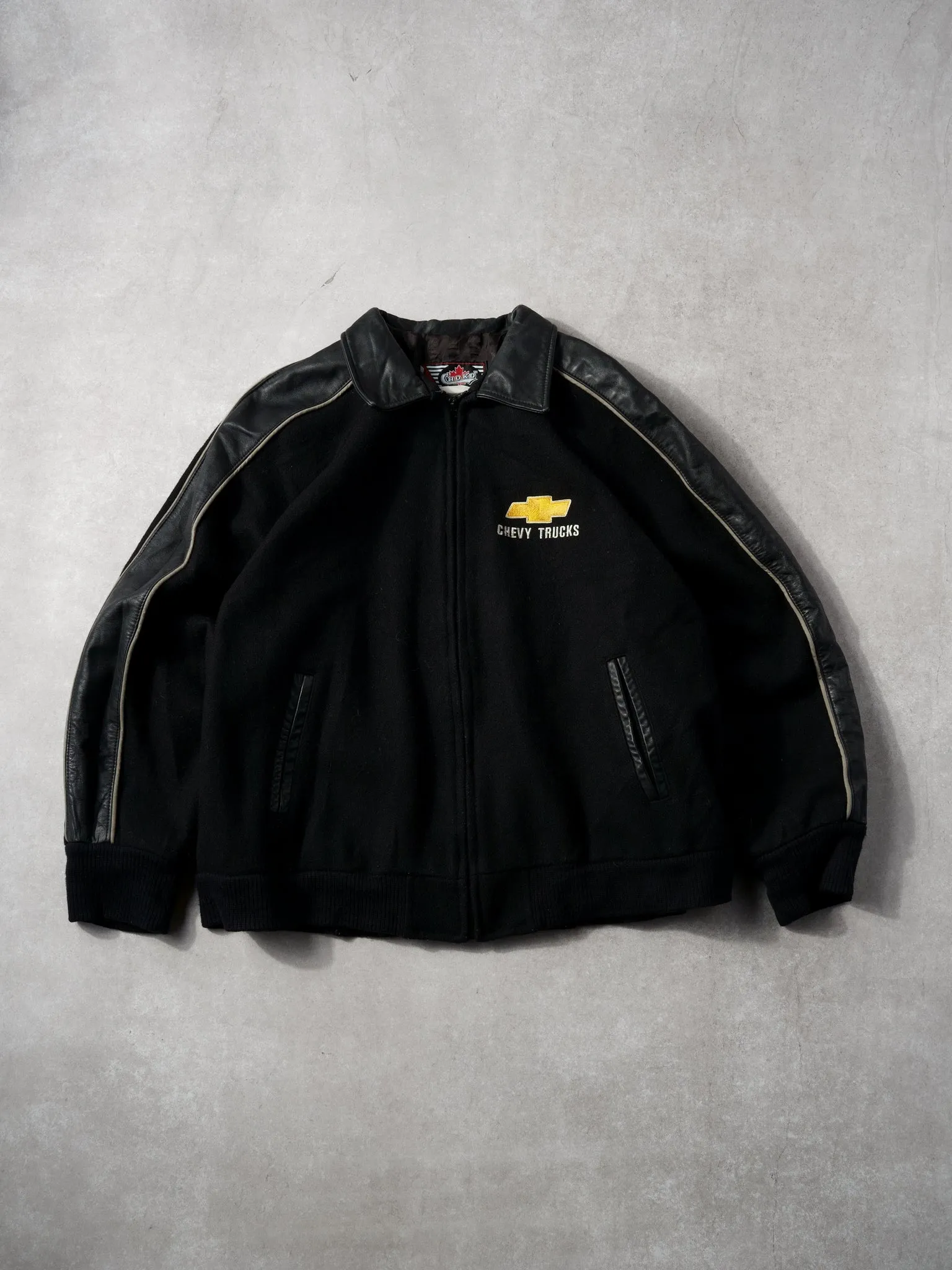 Vintage 90 Black Chevy Trucks Collared Leather Jacket (L) sold by Rebalance Vintage