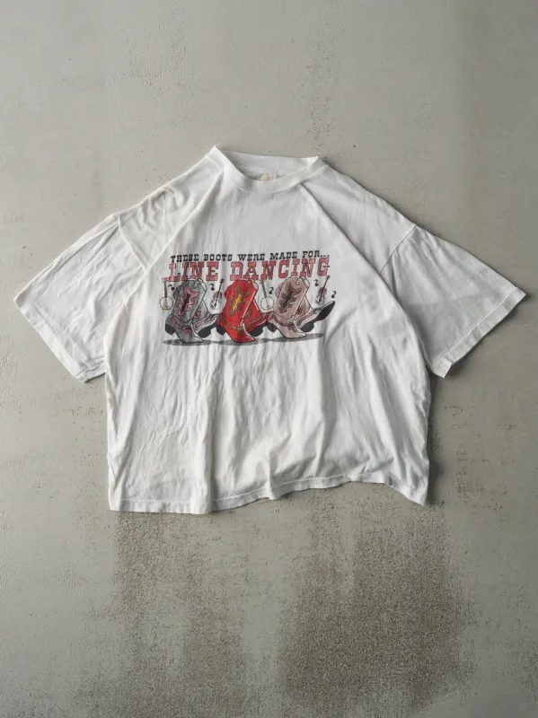 Vintage 90s White Line Dancing Single Stitch Boxy Tee (L) sold by Rebalance Vintage