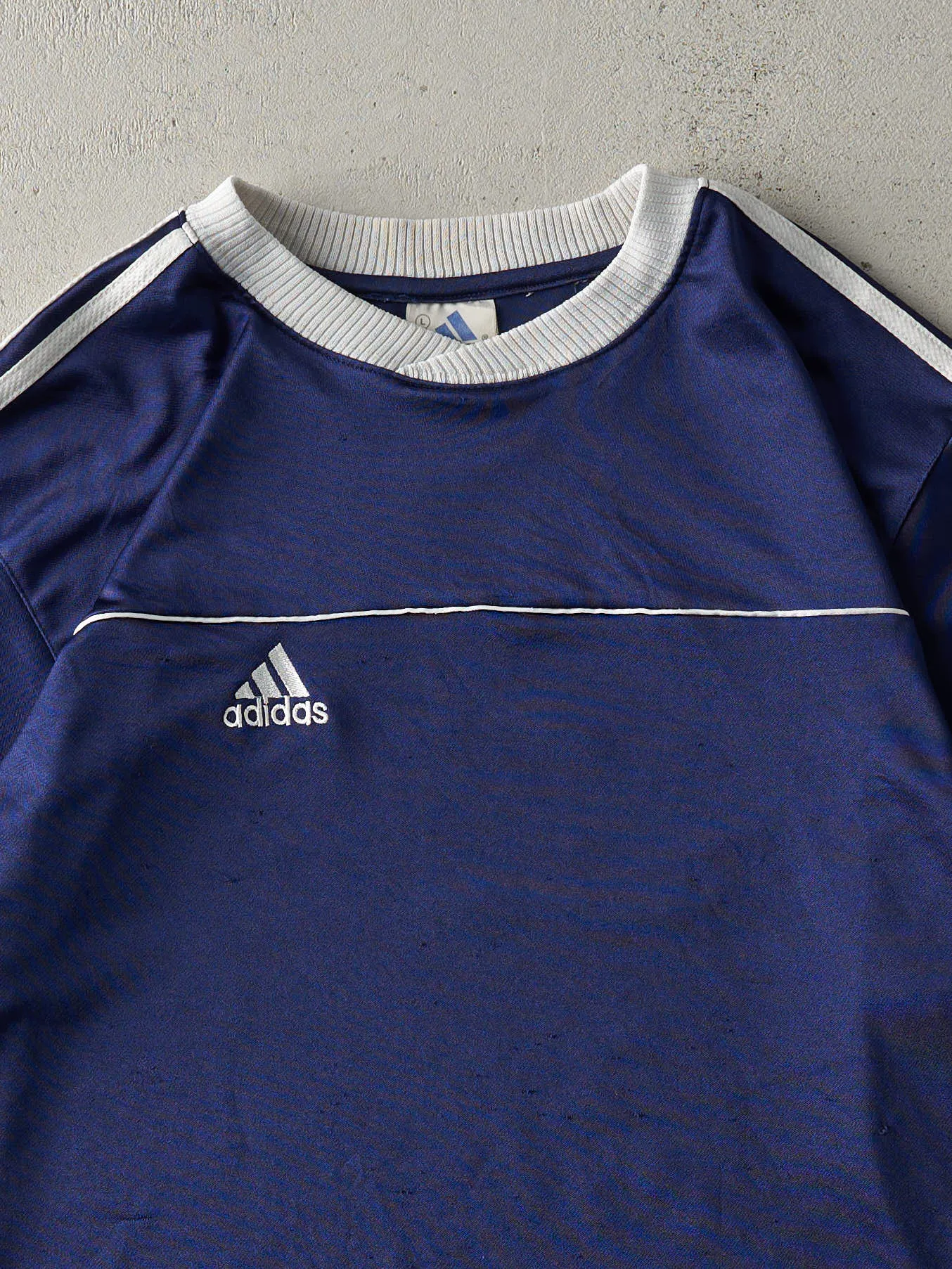 Vintage 90s Navy Blue Embroidered Adidas Soccer Jersey (M/L) sold by Rebalance Vintage product image thumbnail 2