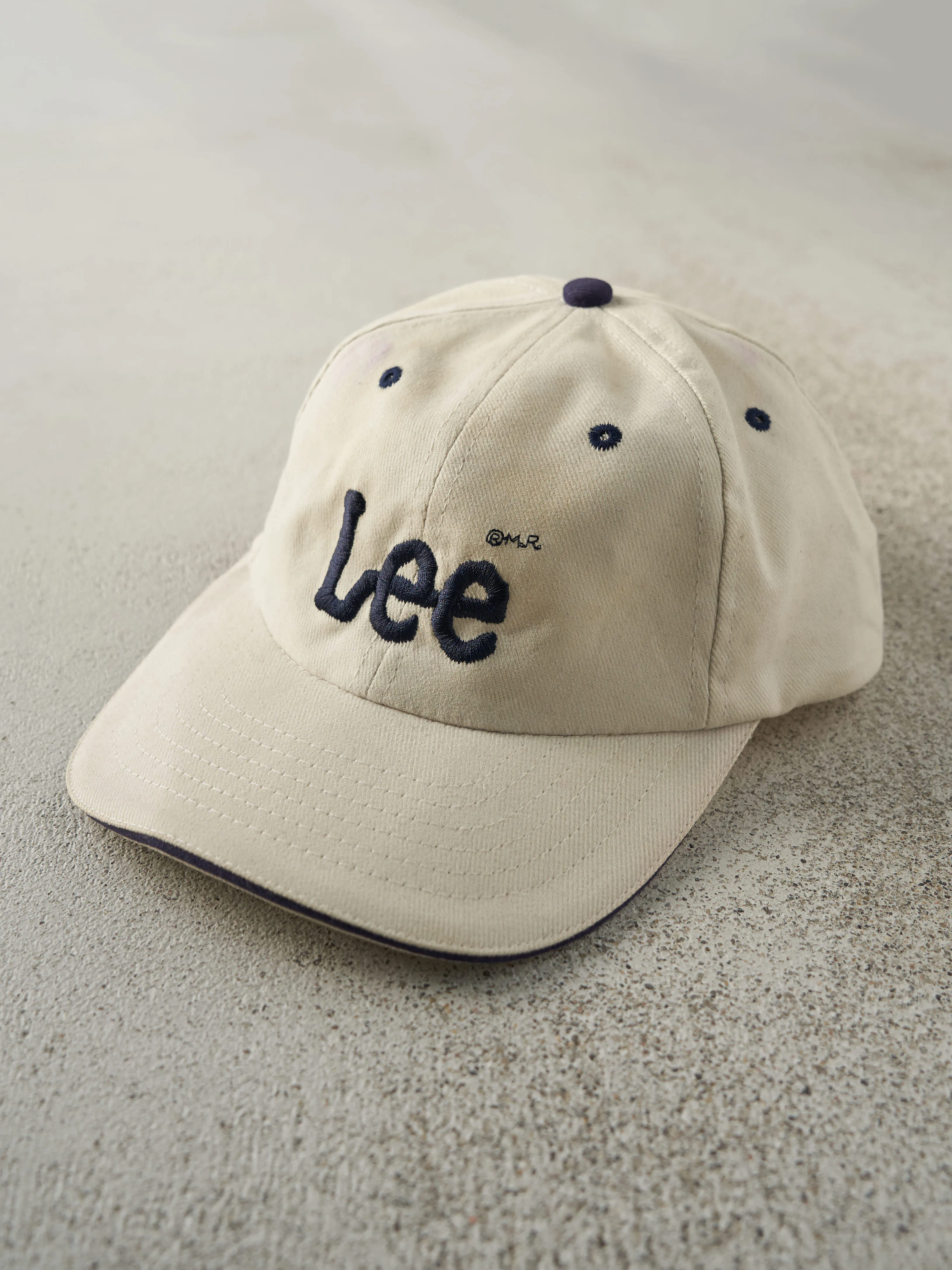 Vintage 90s Beige & Navy Embroidered Lee x Moores Strap Back Hat sold by Rebalance Vintage product image thumbnail 2