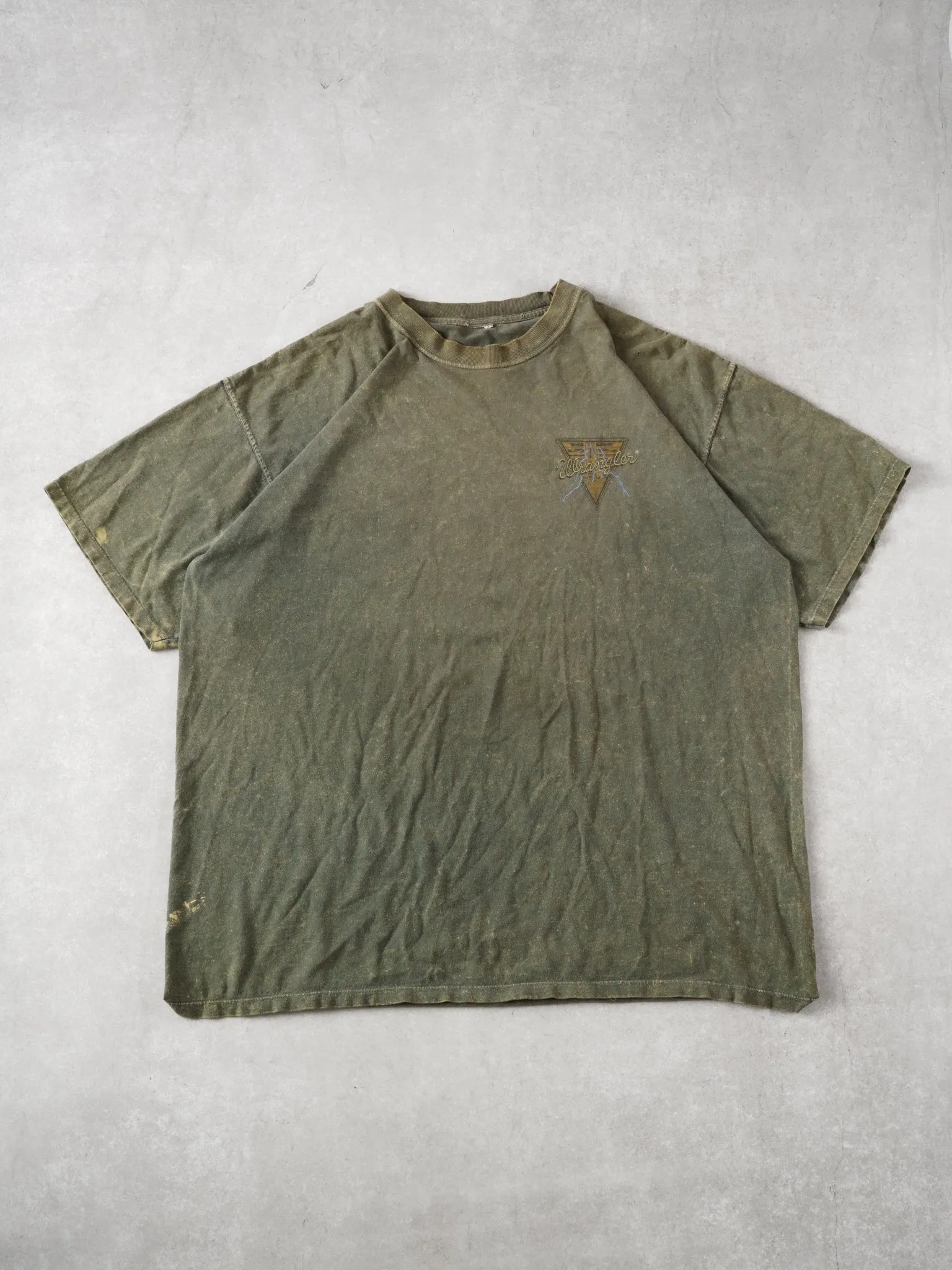 Vintage 90s Washed Moss Green Wrangler Emblem Tee (L) sold by Rebalance Vintage