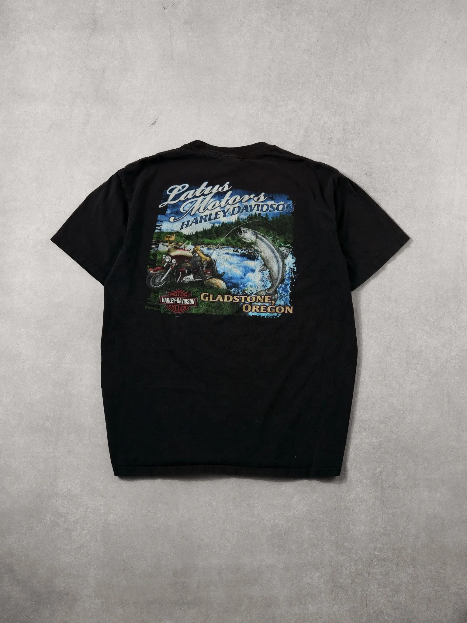 VIntage 09' Washed Black Latus Motors Harley Davidson Gladstone Oregon Tee (M) sold by Rebalance Vintage product image thumbnail 2
