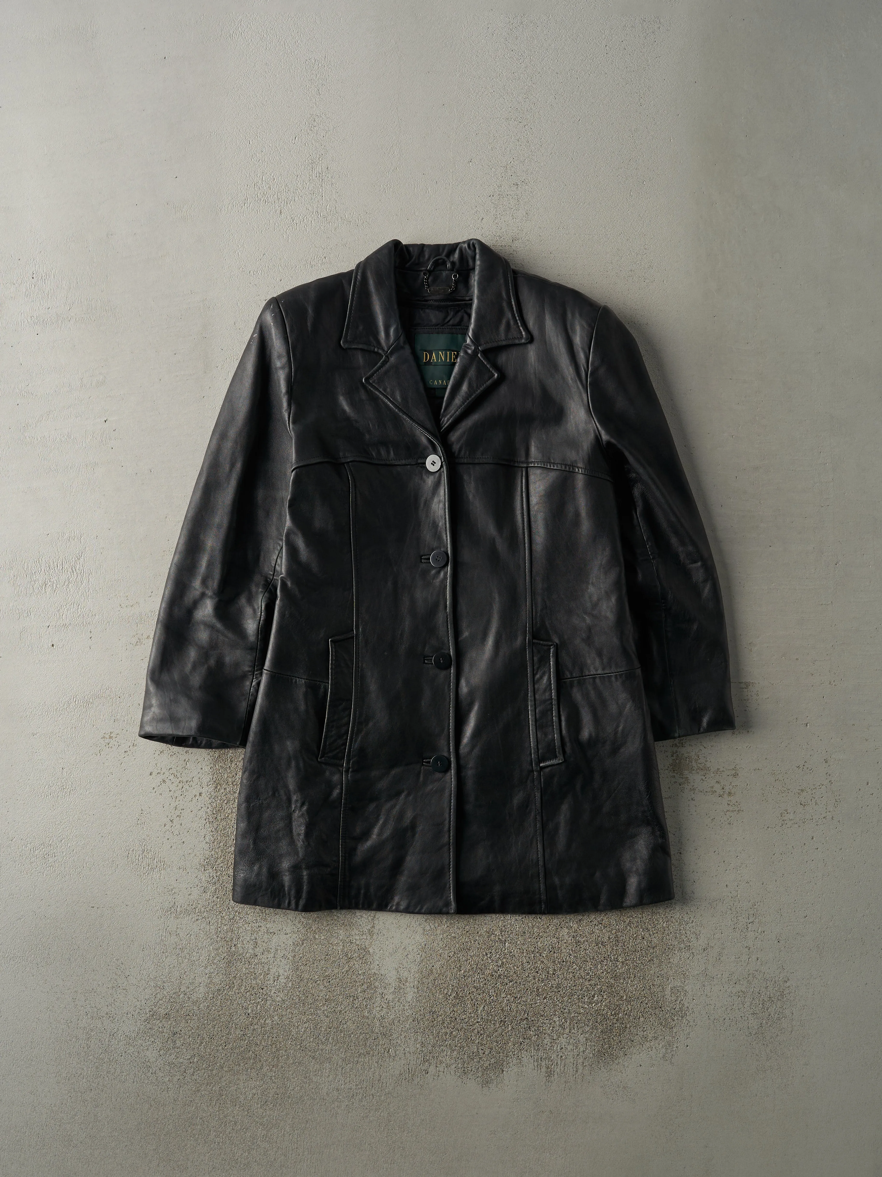 Vintage 90s Black Danier Leather Trench Coat Jacket (S/M) sold by Rebalance Vintage