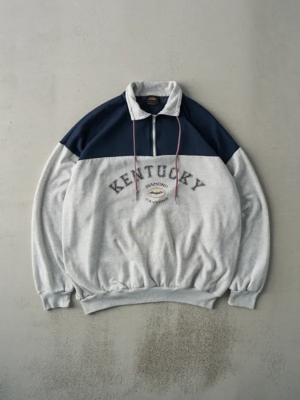 Vintage 90s Heather Grey & Navy Kentucky Quarter Zip Boxy Crewneck (XL) sold by Rebalance Vintage