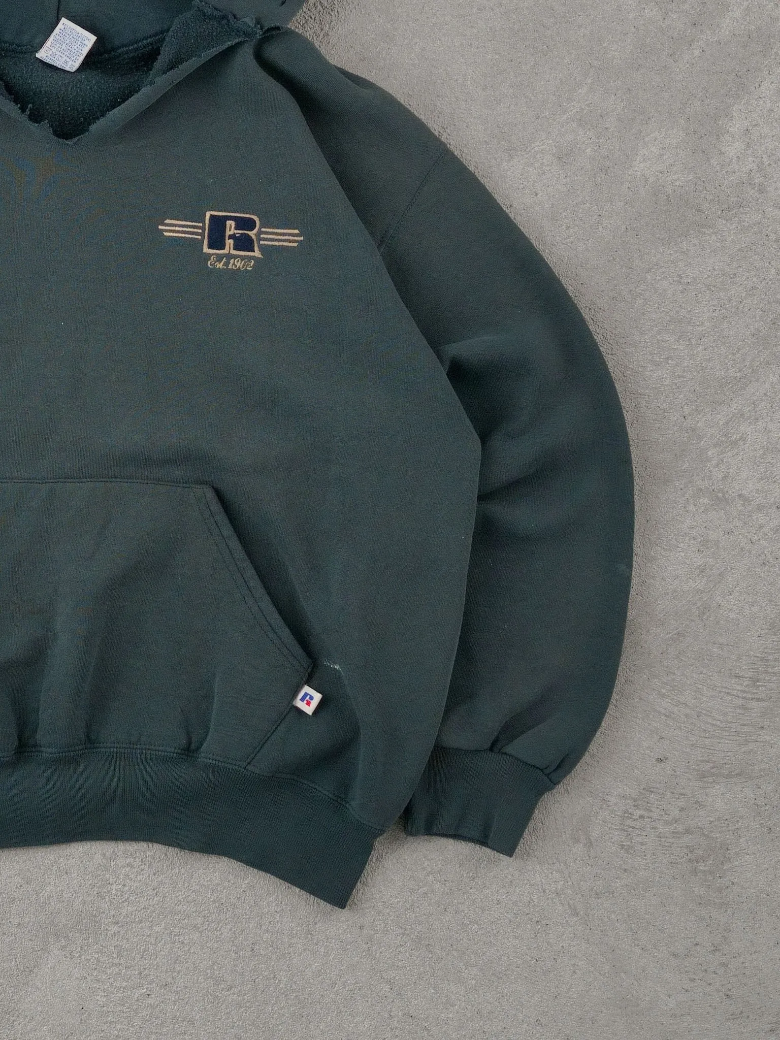 Vintage 90s Faded Dark Green Russell Athletics Emblem Hoodie (L) sold by Rebalance Vintage product image thumbnail 3