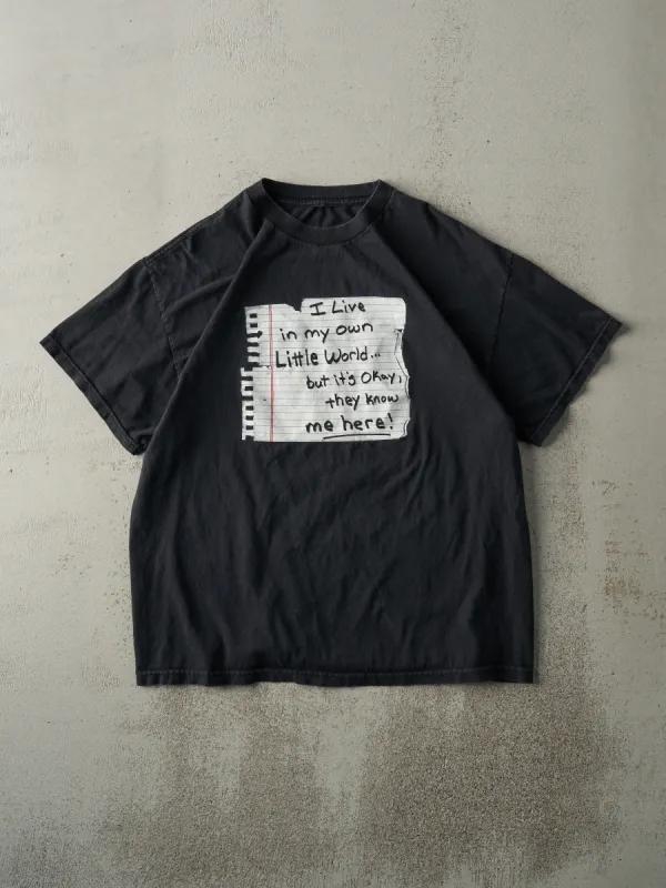 Vintage 90s Black "I Live In My Own Little World" Slogan Tee (M) sold by Rebalance Vintage