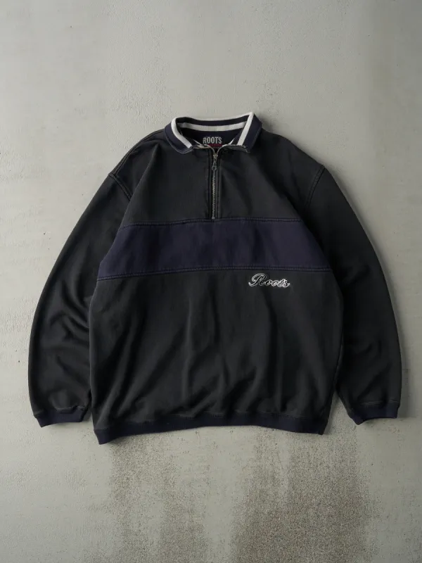 Vintage 90s Black and Navy Two Tone Roots Quarter Zip Sweater (L) sold by Rebalance Vintage