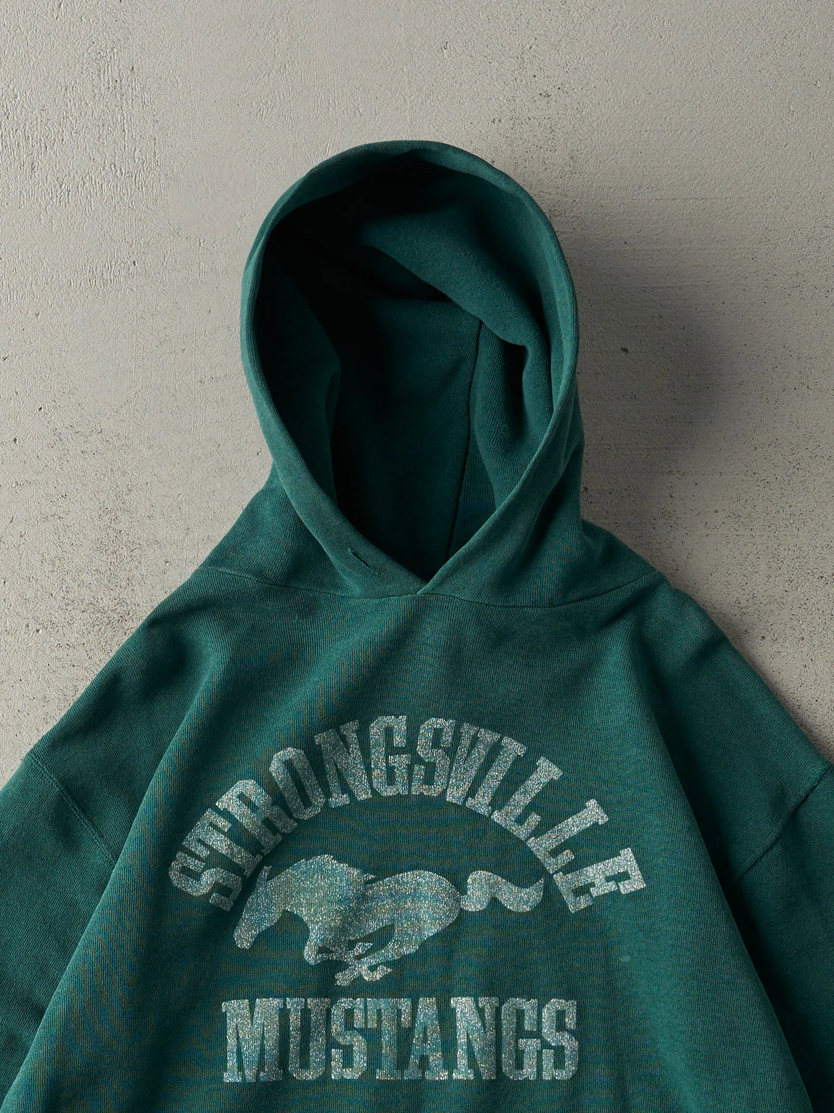 Vintage 90s Green Faded Strongsville Mustangs Hoodie (M) sold by Rebalance Vintage product image thumbnail 2