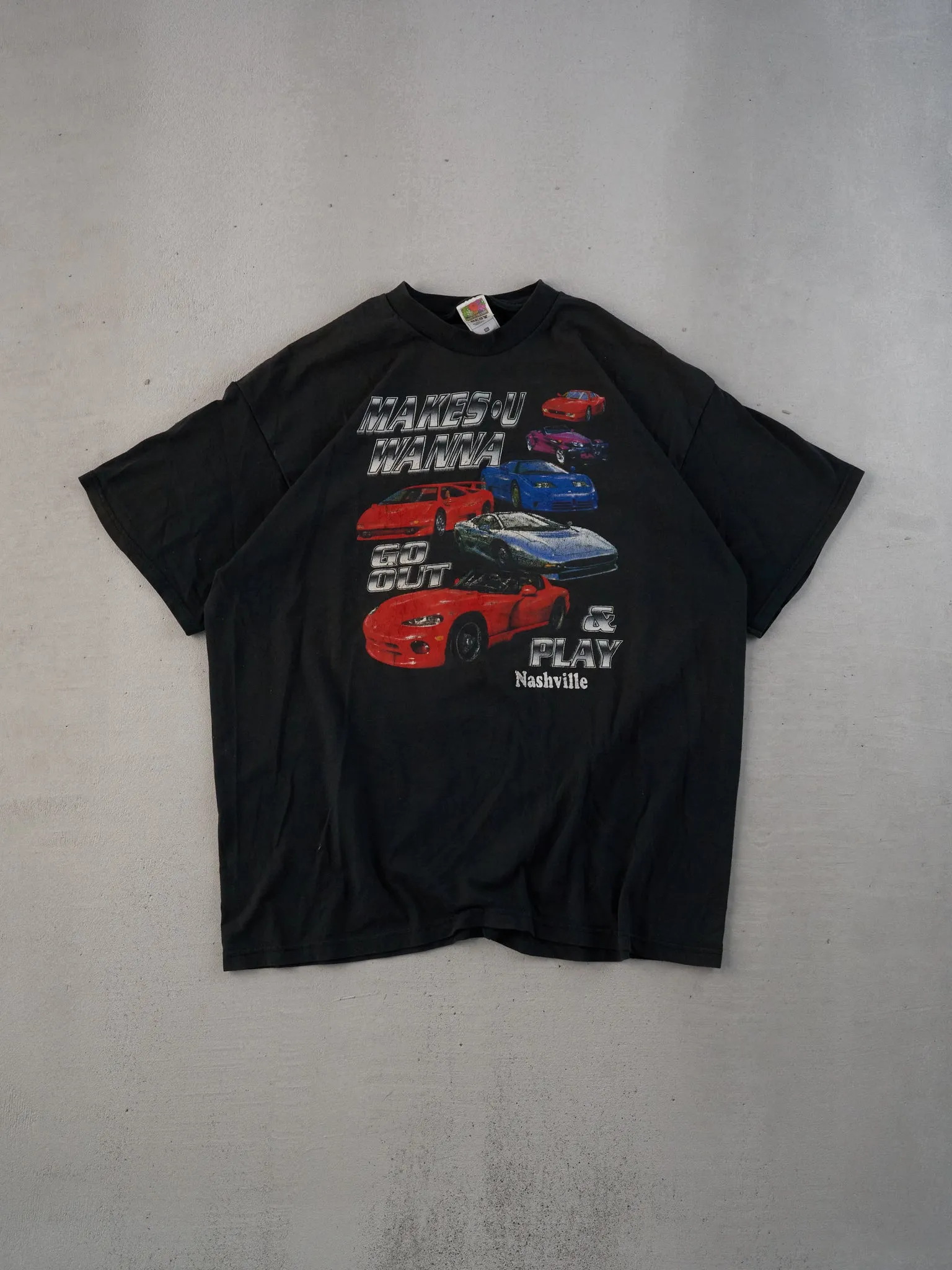 Vintage 90s Black Nashville Racing Graphic Tee (L) sold by Rebalance Vintage