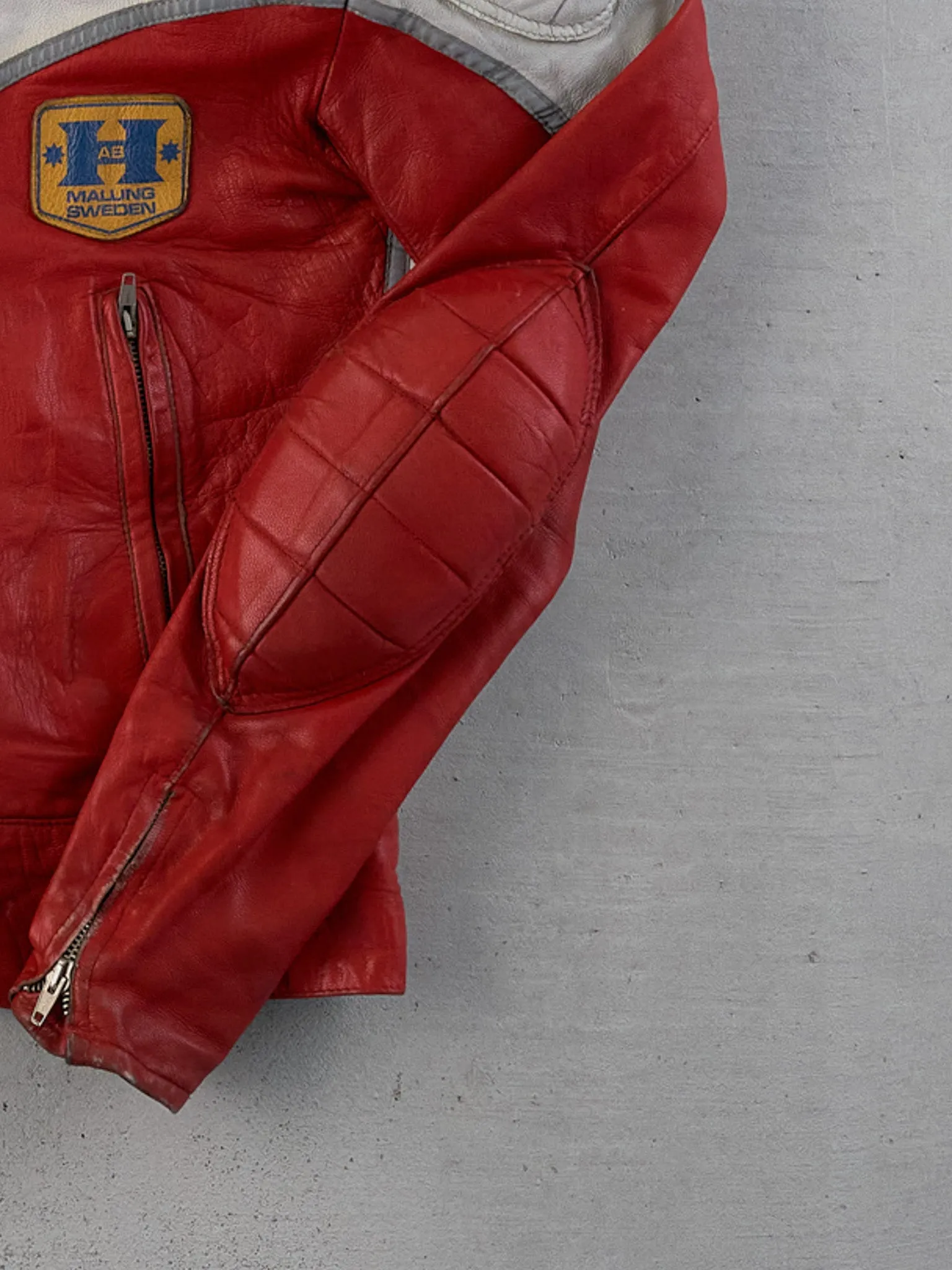 Vintage 70s Red and White Malung Sweden Motorcycle Leather Jacket (M) sold by Rebalance Vintage product image thumbnail 5